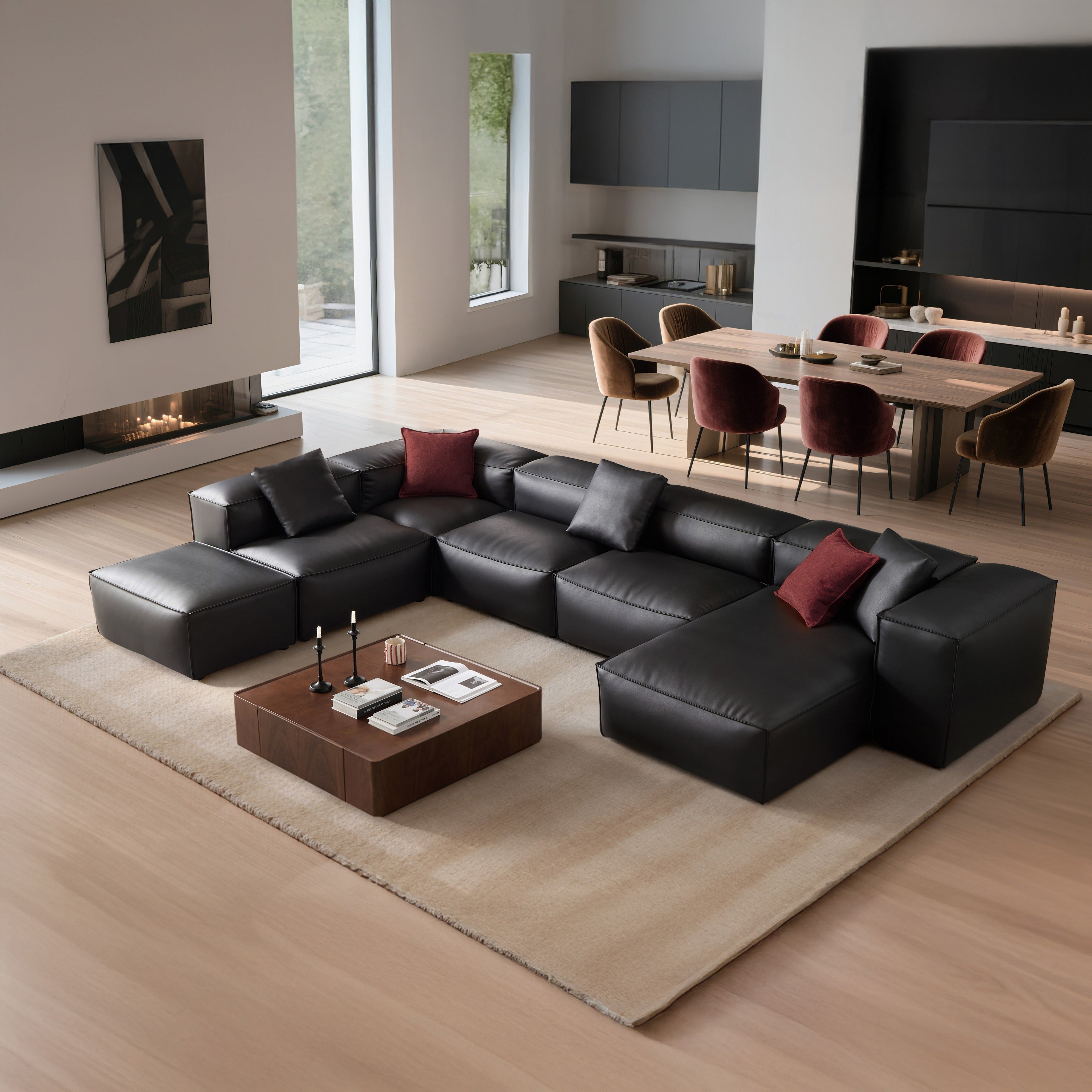 Cube Modular Black Genuine Leather U-Shaped Sectional with Ottoman