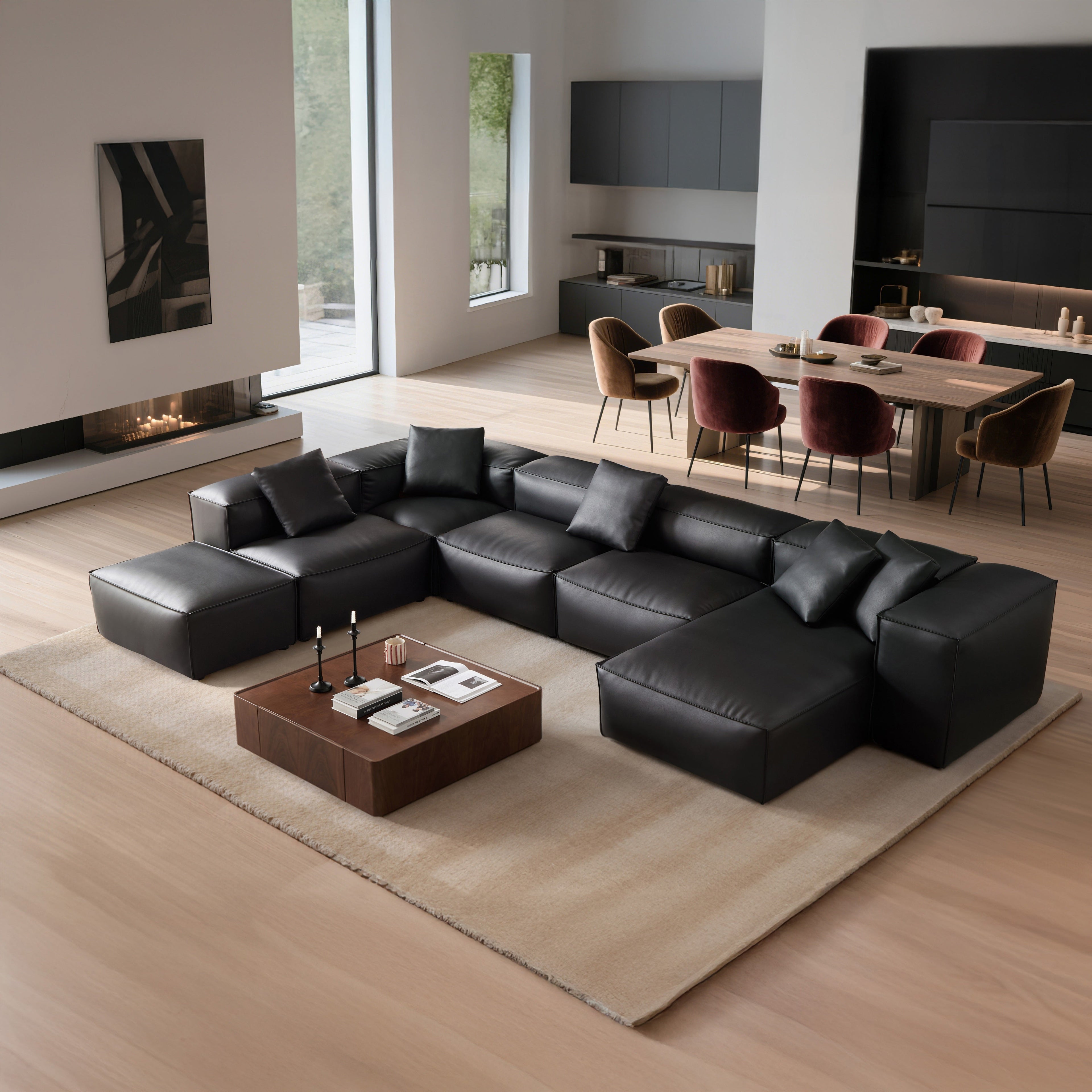 Cube Modular Black Genuine Leather U-Shaped Sectional with Ottoman