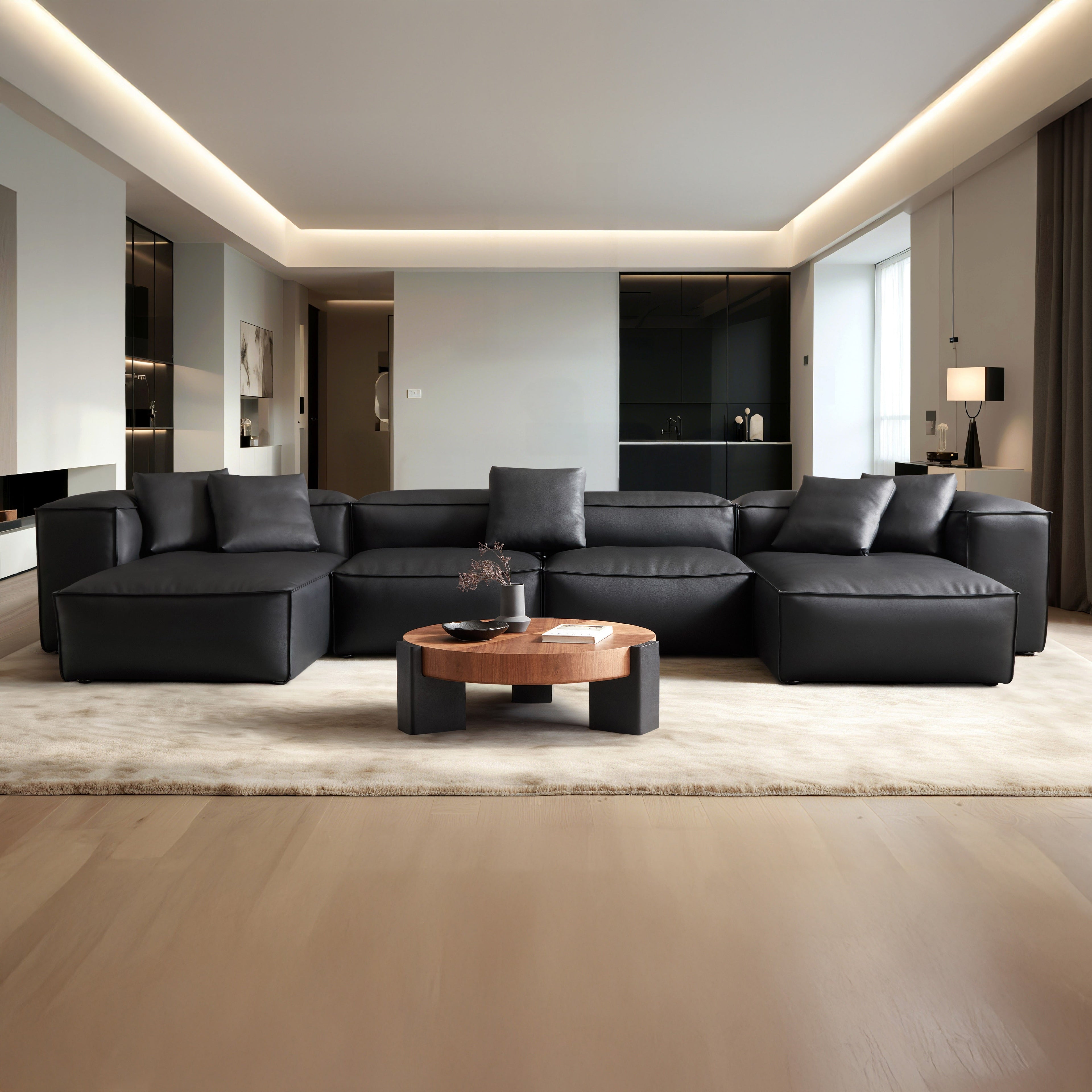 Cube Modular Black Genuine Leather Double Chaise Sectional