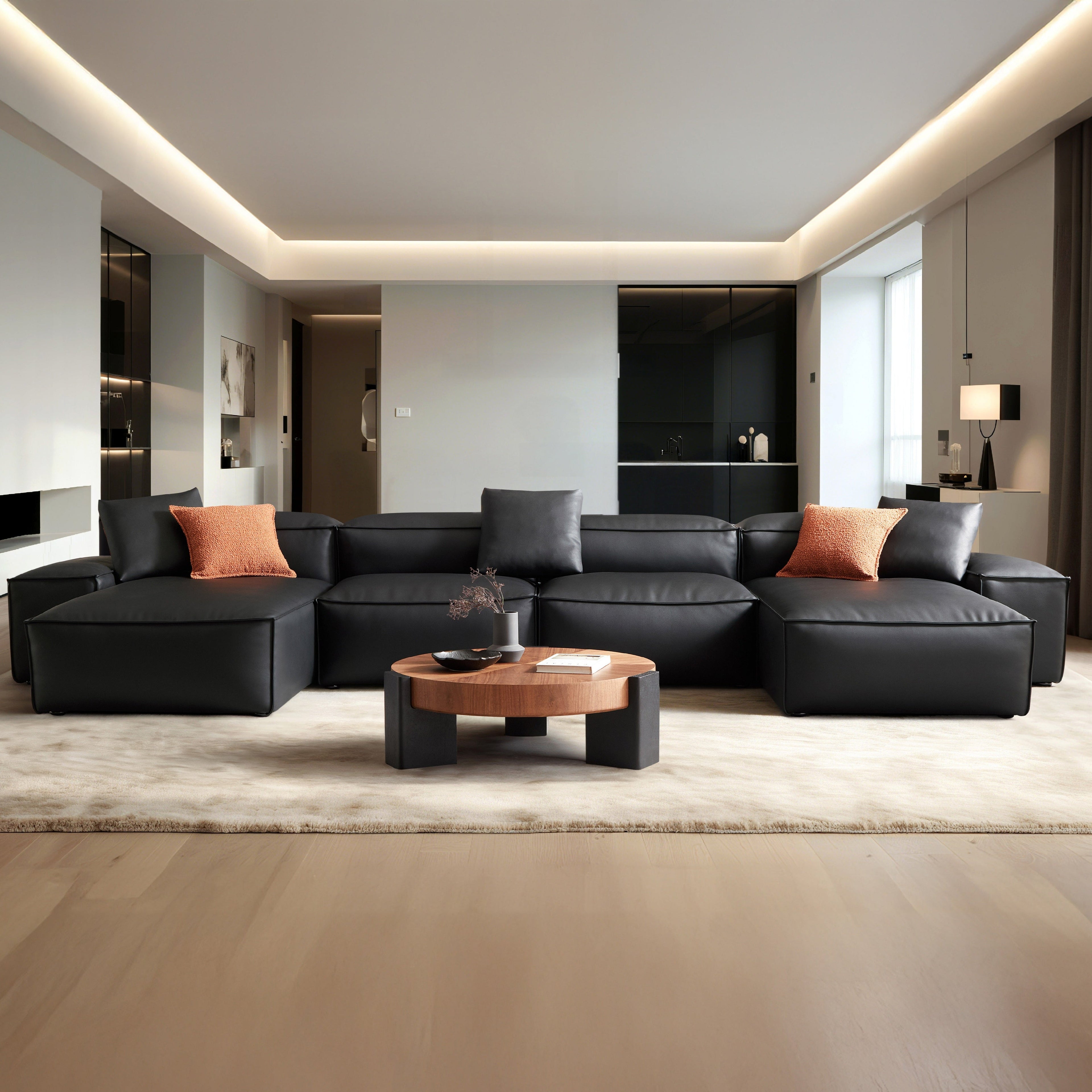Cube Modular Black Genuine Leather Double Chaise Sectional