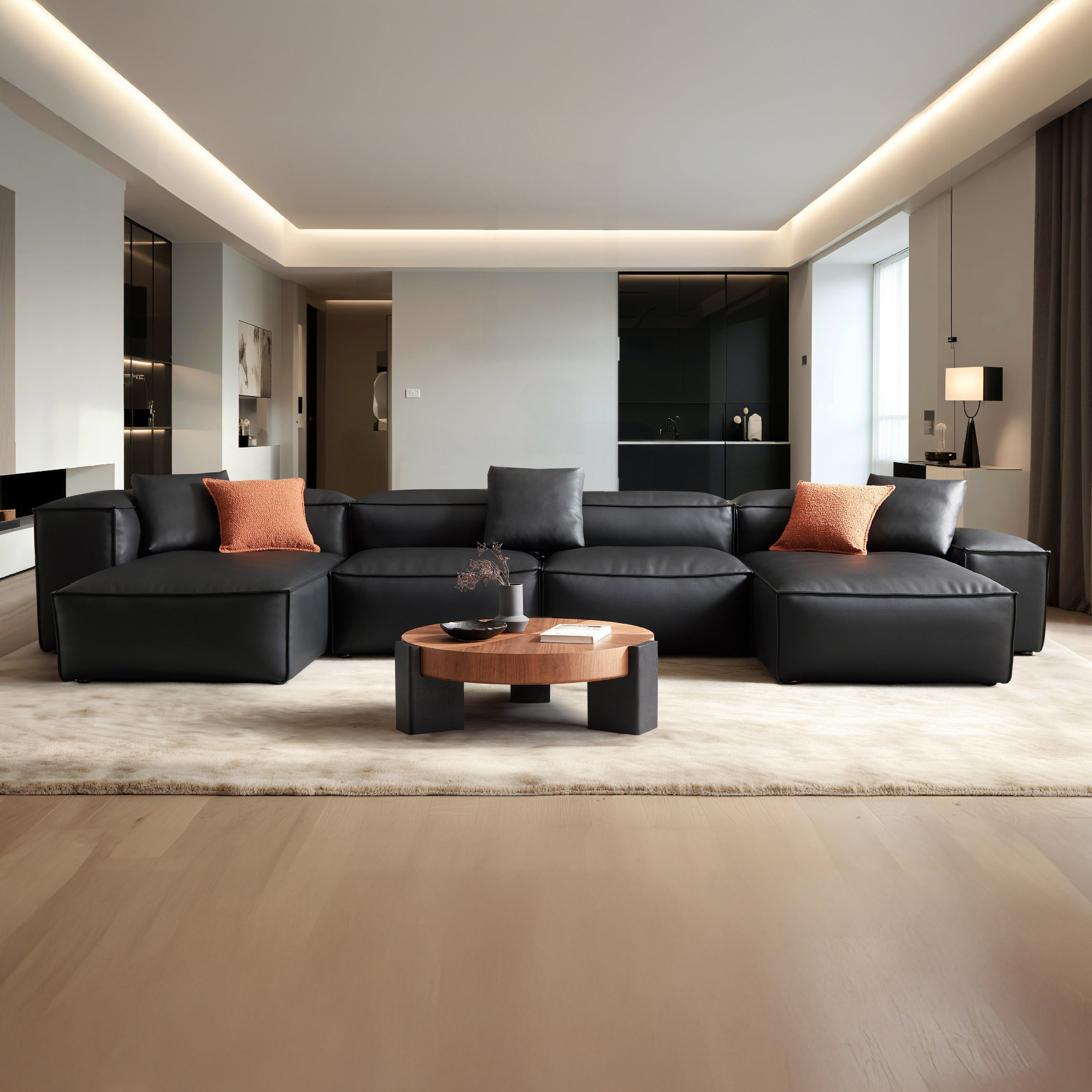 Cube Modular Black Genuine Leather Double Chaise Sectional