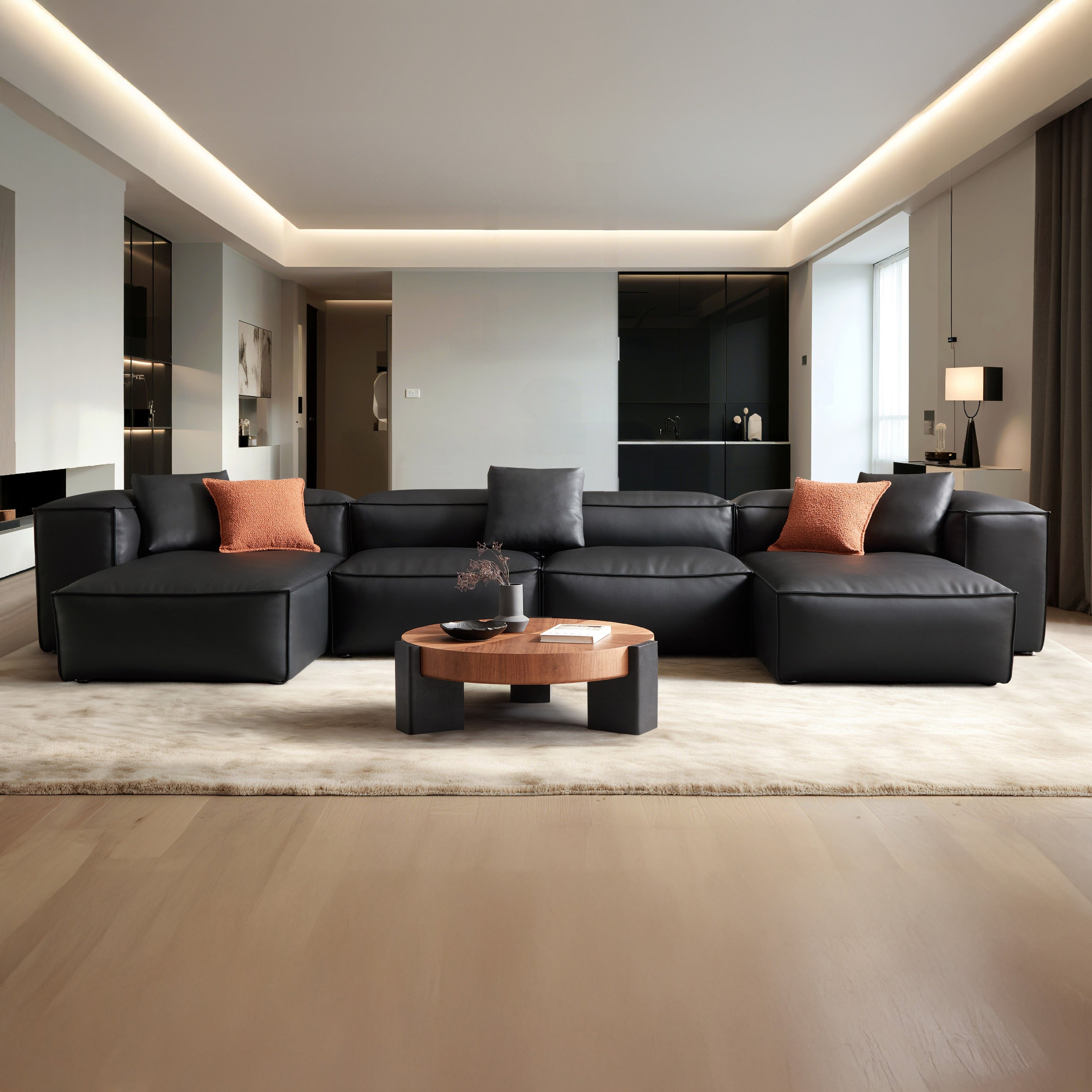 Cube Modular Black Genuine Leather Double Chaise Sectional