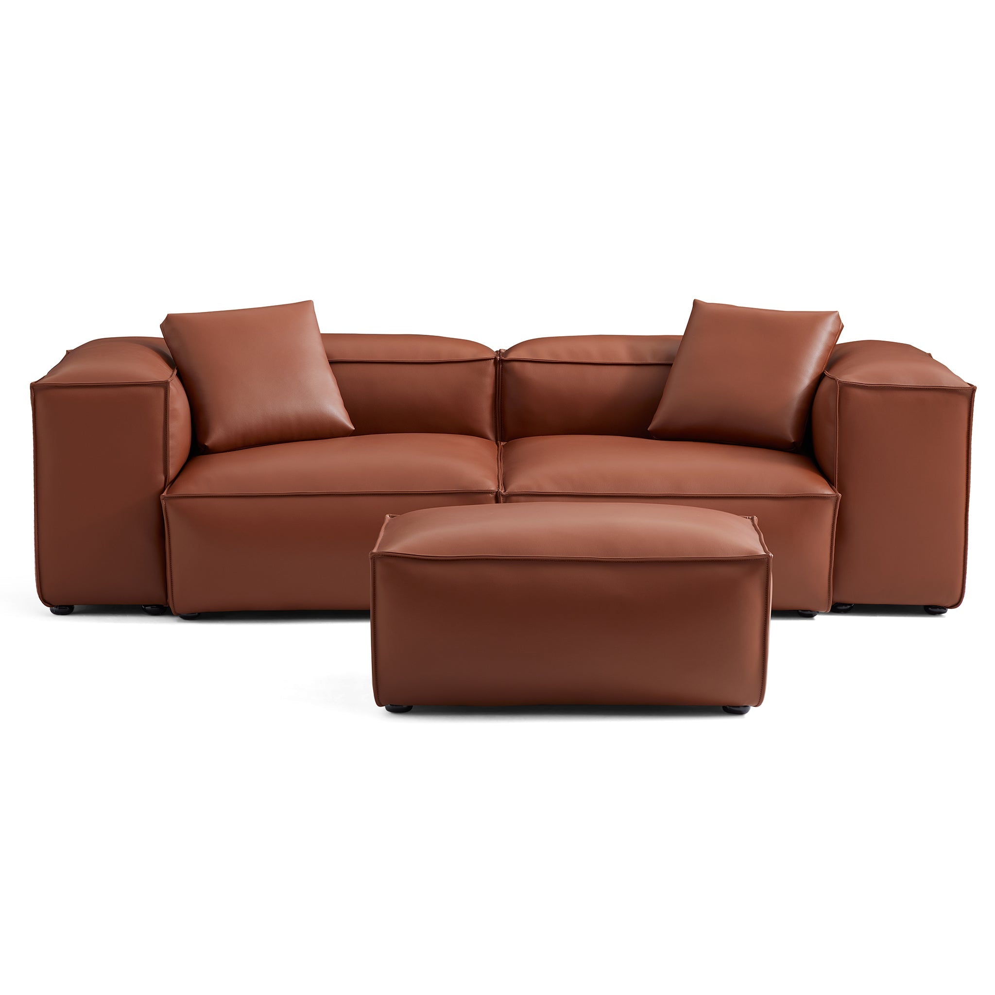 Cube Modular Brown Genuine Leather Sofa with Ottoman