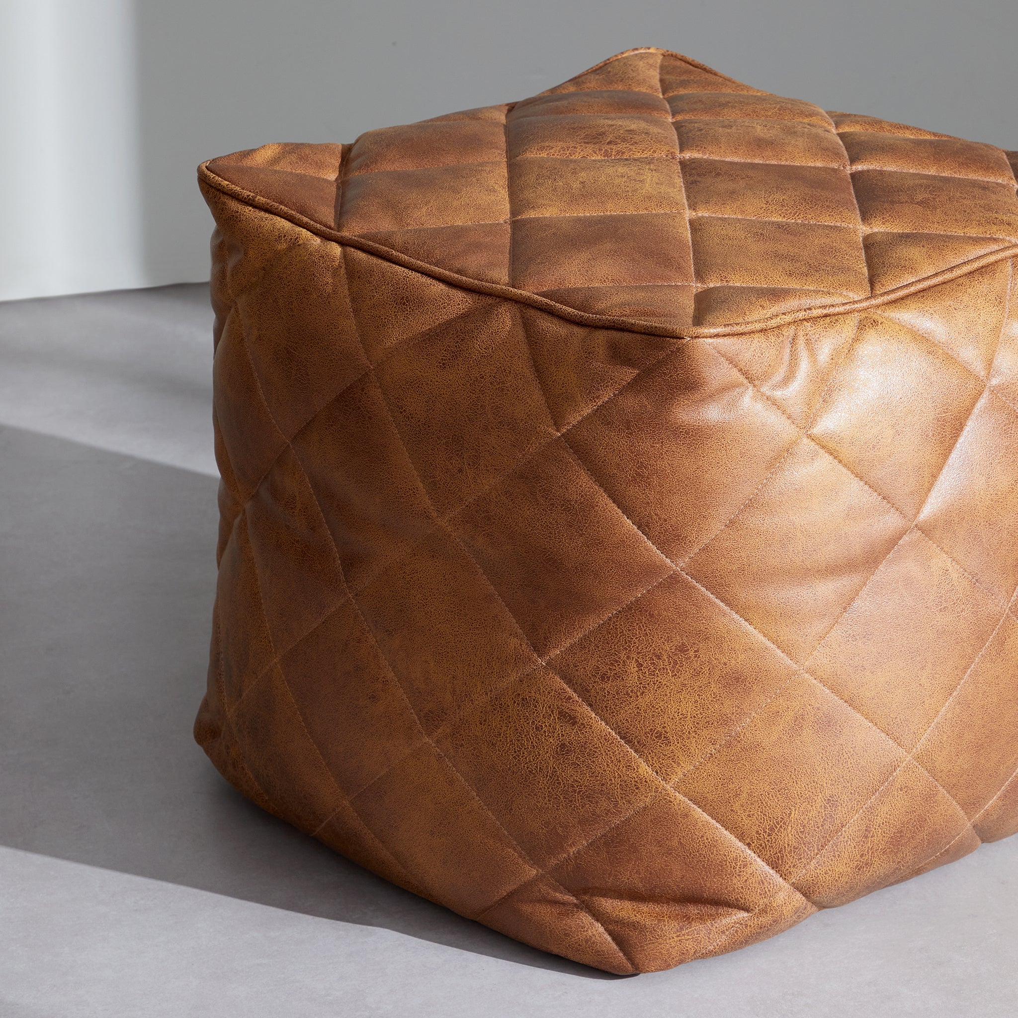 Waffle Dark Gray Leathaire Square Pouf