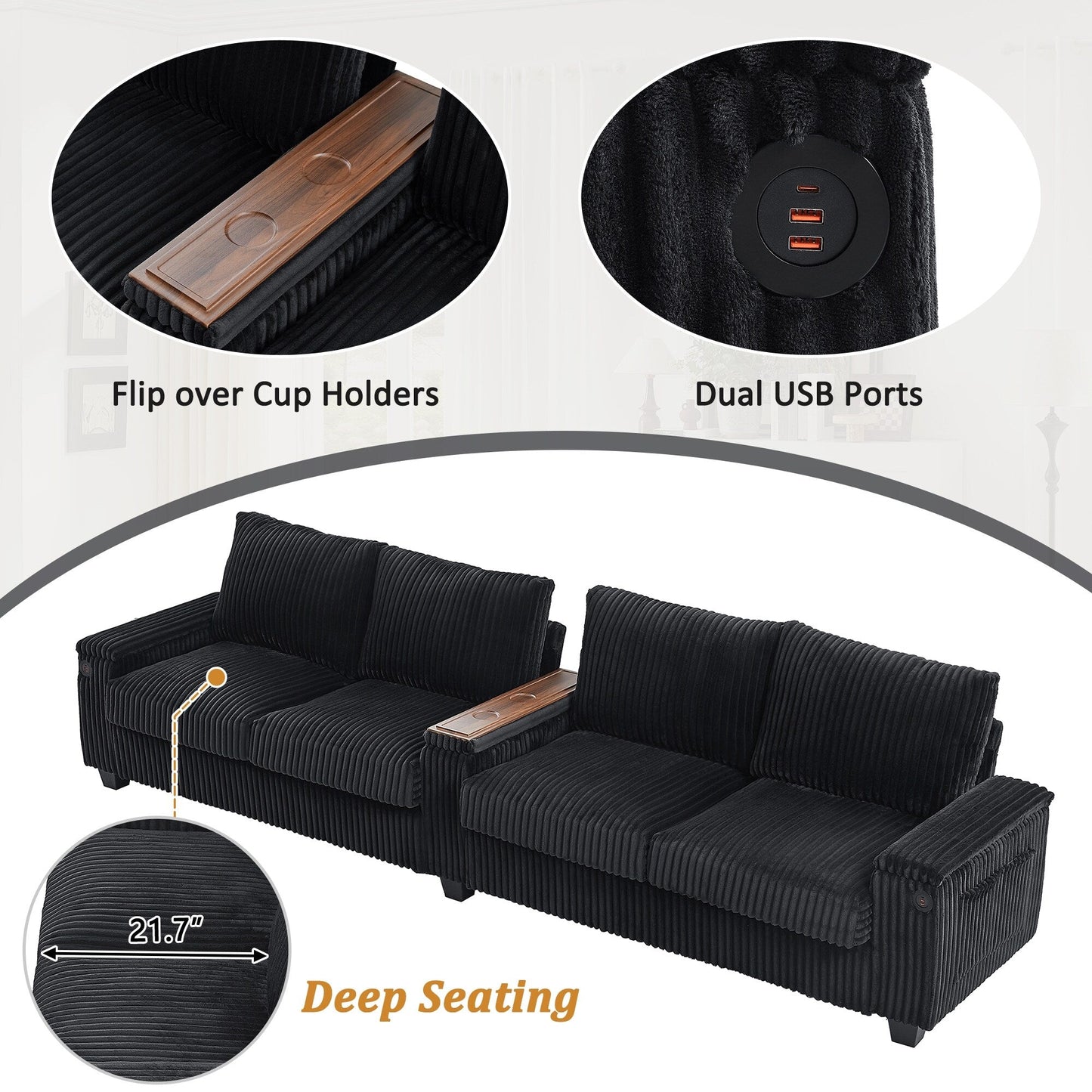 Canapé 4 places en velours côtelé 133 - Canapé de rangement moderne avec ports USB et porte-gobelets rabattables