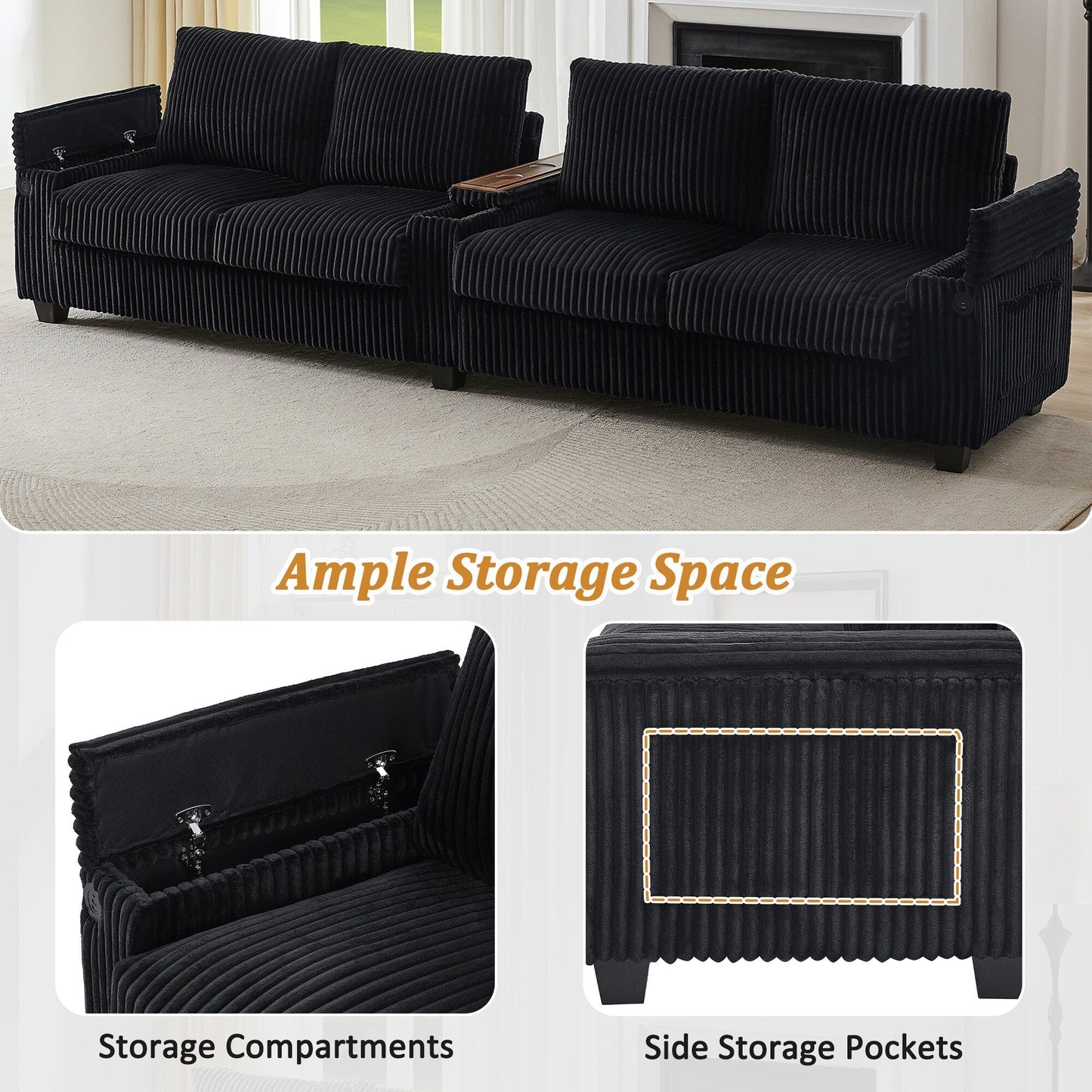 Canapé 4 places en velours côtelé 133 - Canapé de rangement moderne avec ports USB et porte-gobelets rabattables
