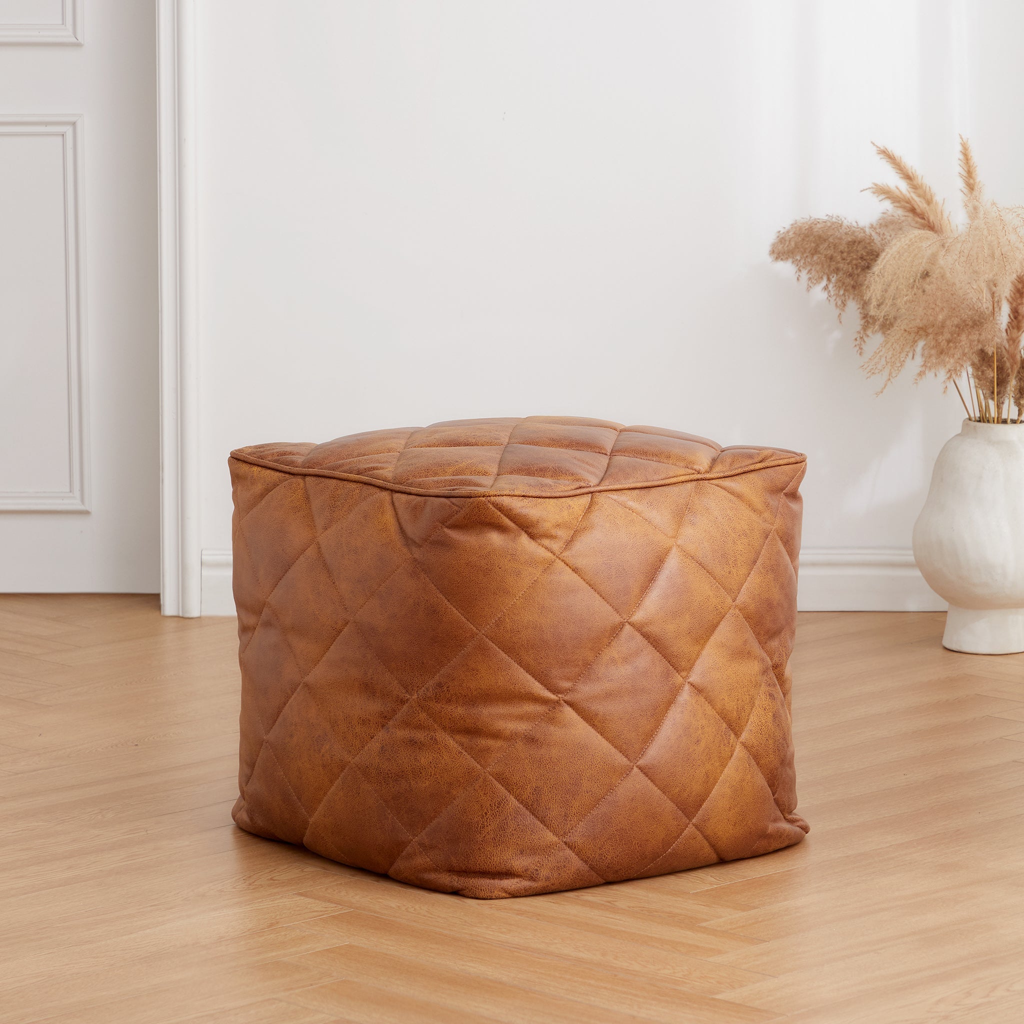Waffle Dark Gray Leathaire Square Pouf