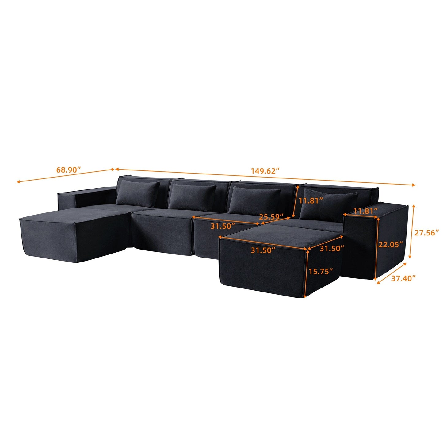 Canapé sectionnel modulaire en U 149, canapé rembourré 6 places, combinaison libre