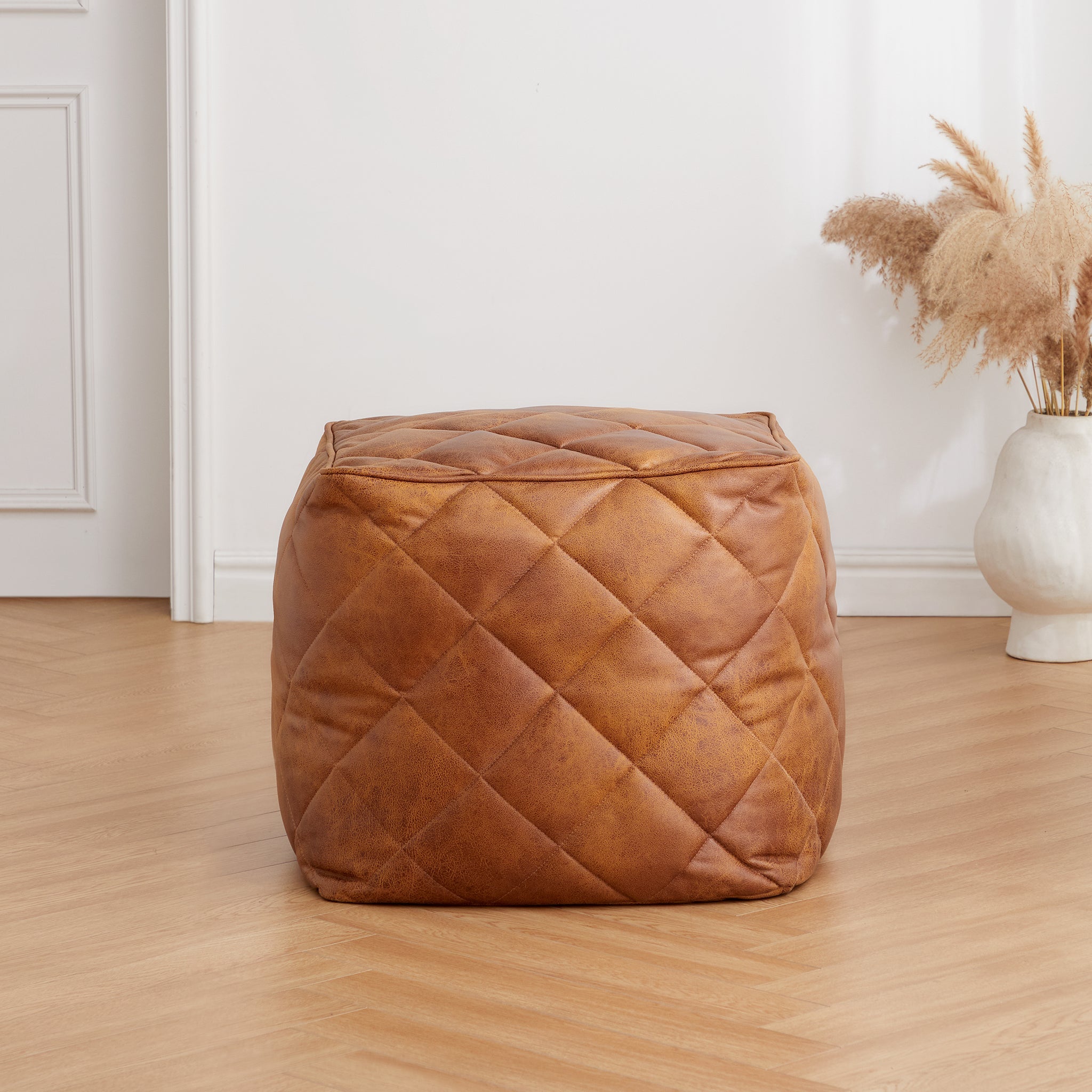 Waffle Dark Gray Leathaire Square Pouf
