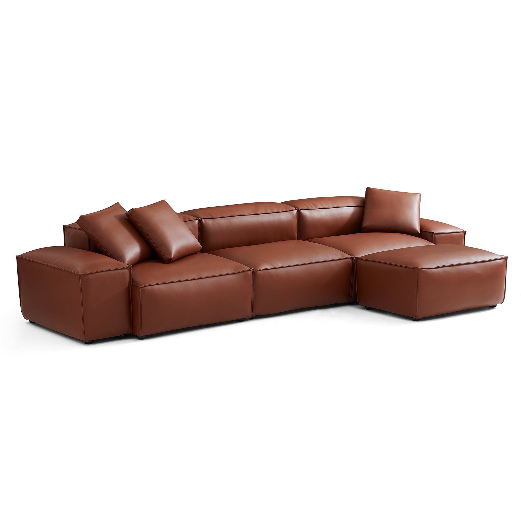 Cube Modular Brown Genuine Leather Sofa with Ottoman