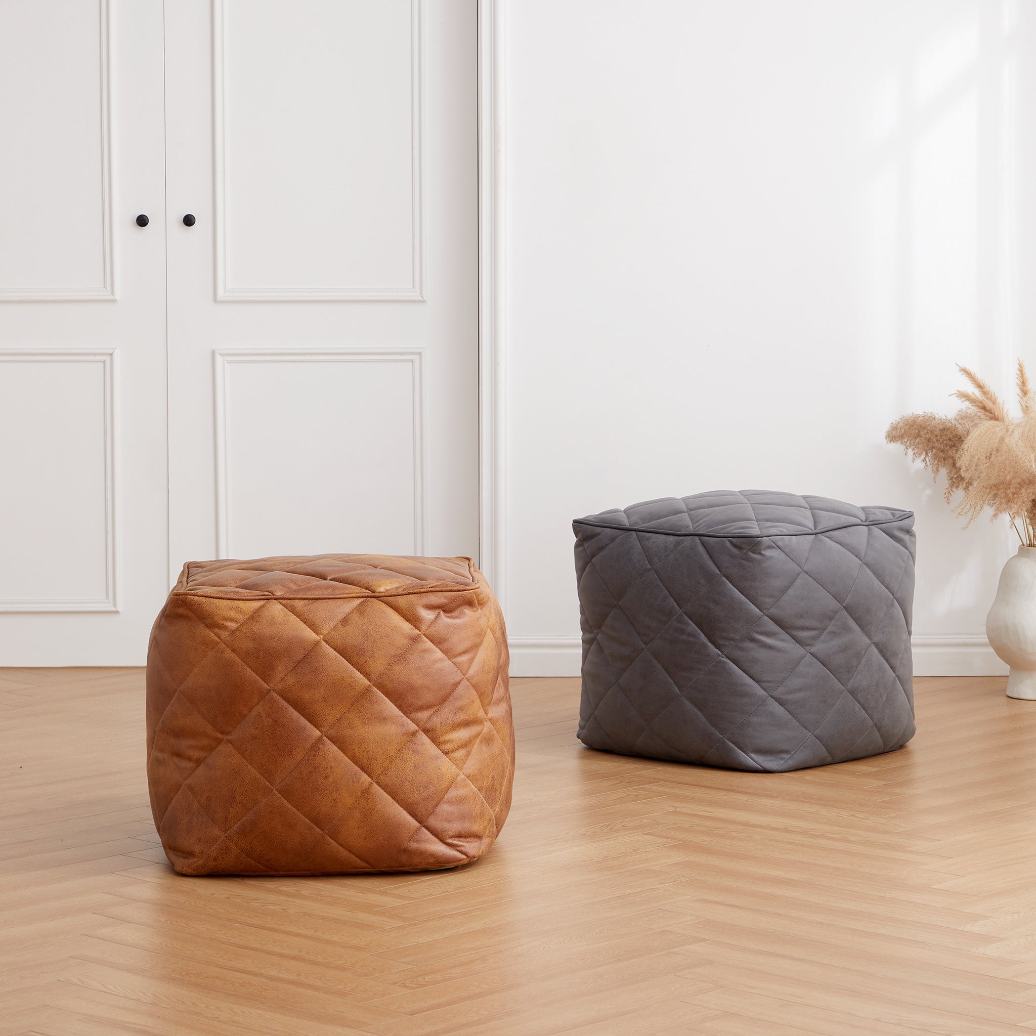 Waffle Tan Leathaire Square Pouf