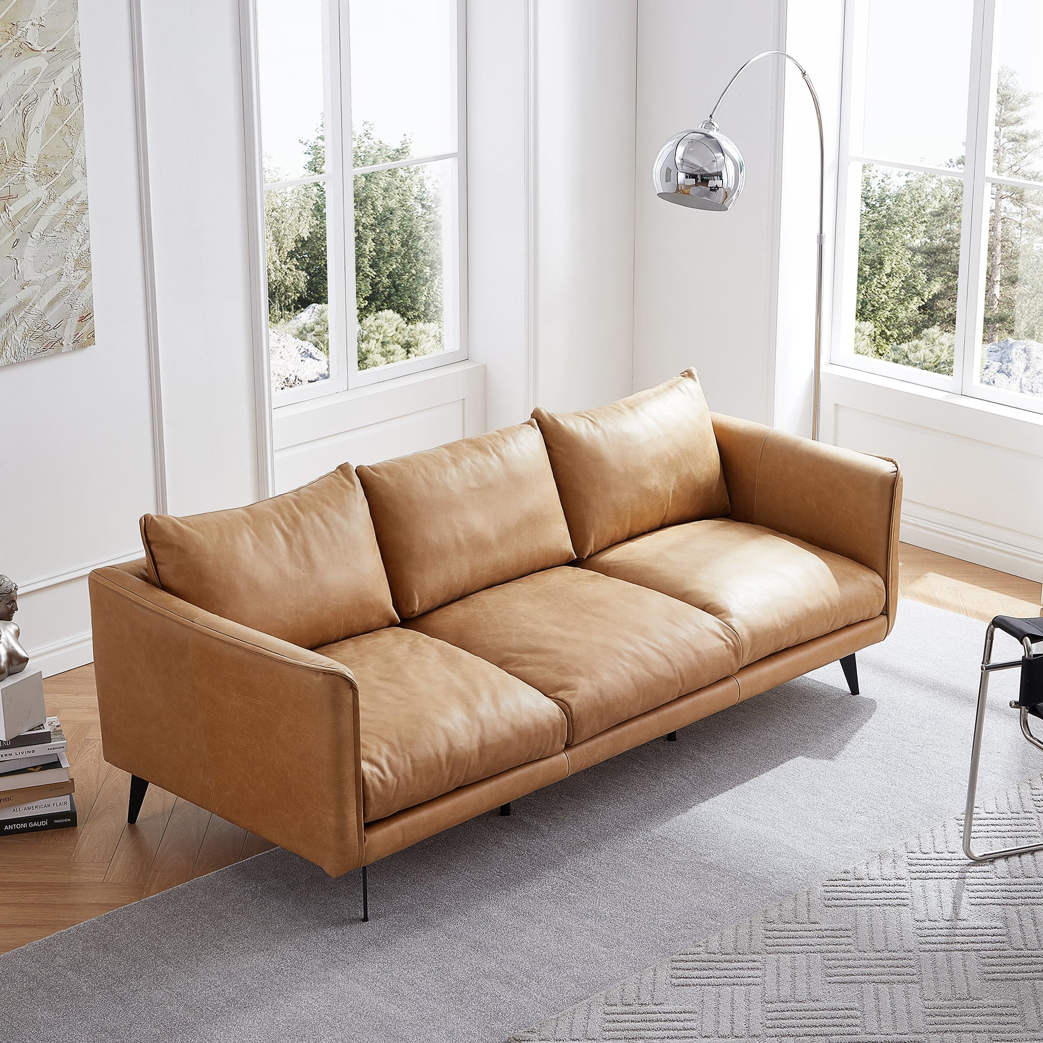 Cognac Tan Genuine Leather Straight Back Sofa