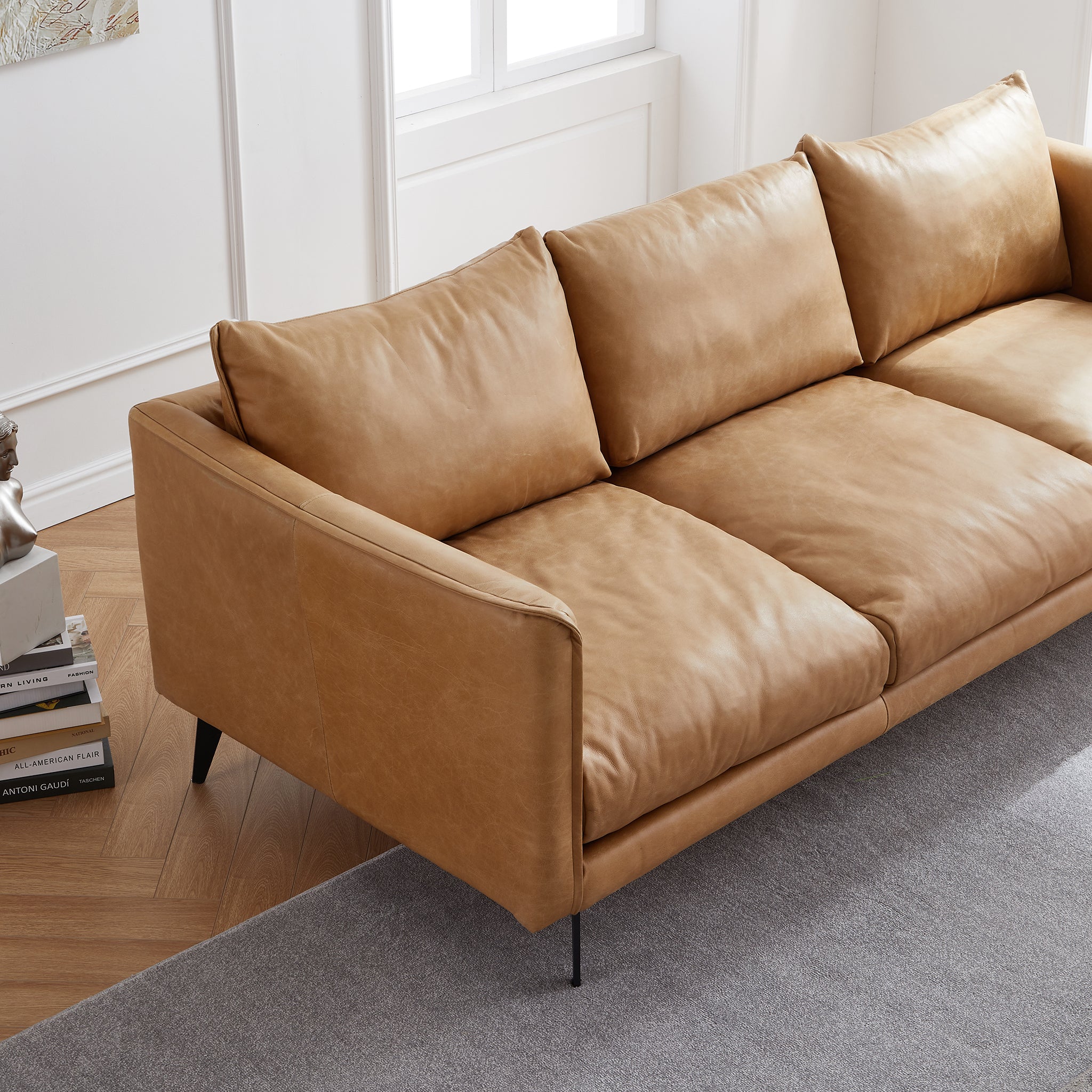 Cognac Tan Genuine Leather Straight Back Sofa