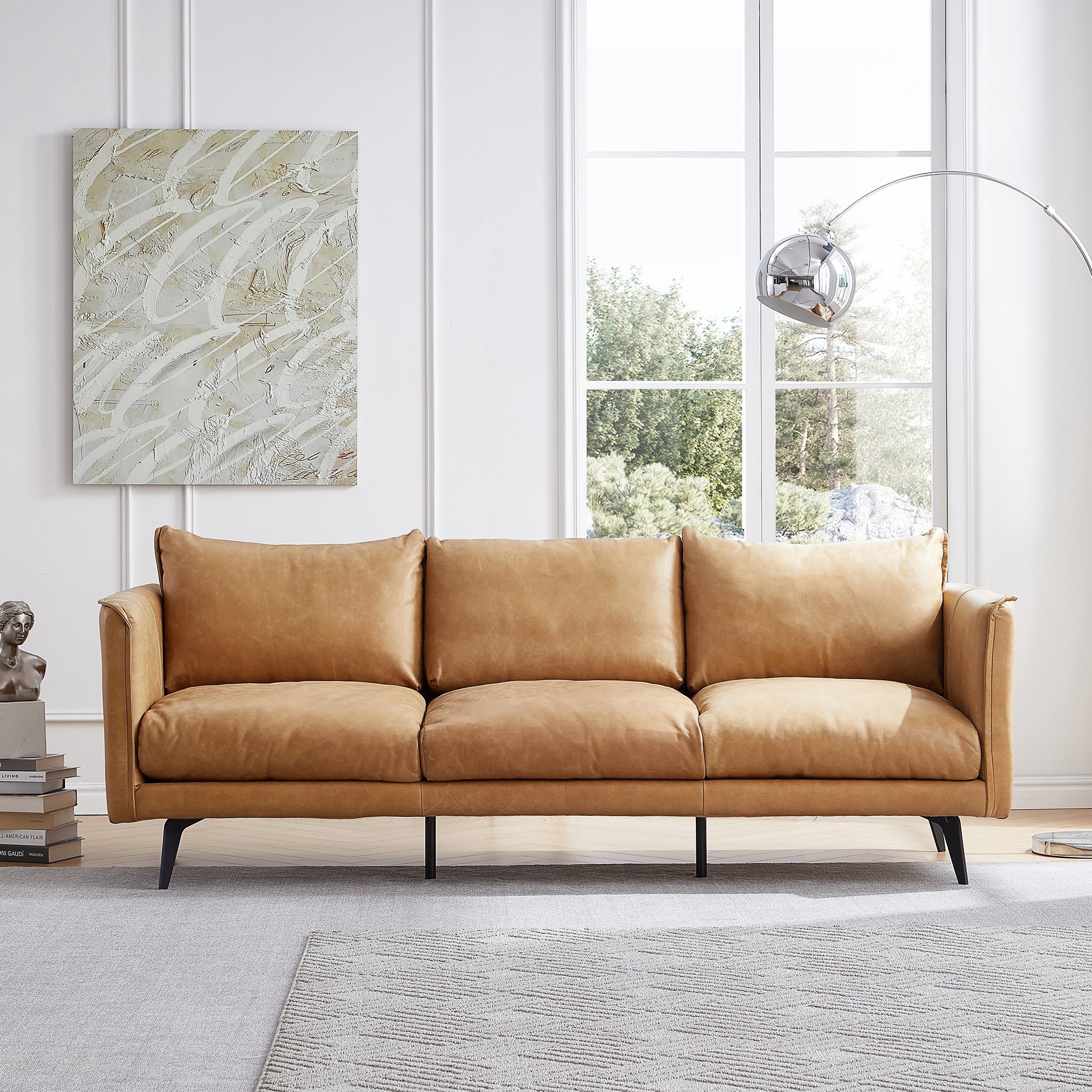 Cognac Tan Genuine Leather Straight Back Sofa