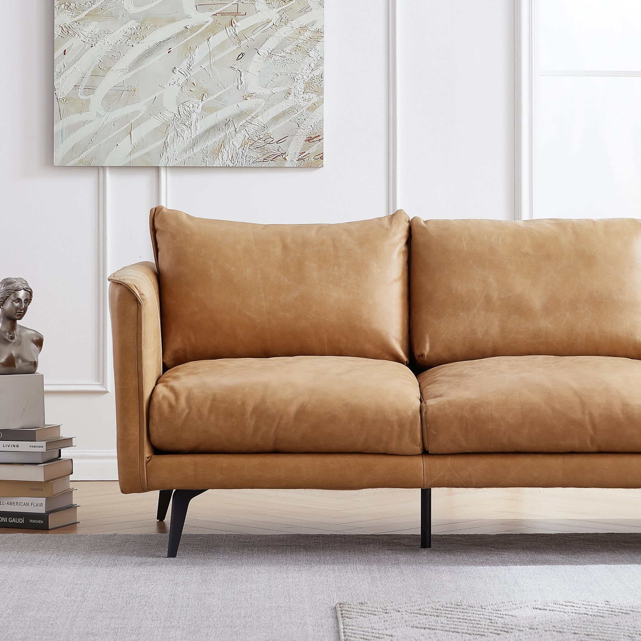 Cognac Tan Genuine Leather Straight Back Sofa