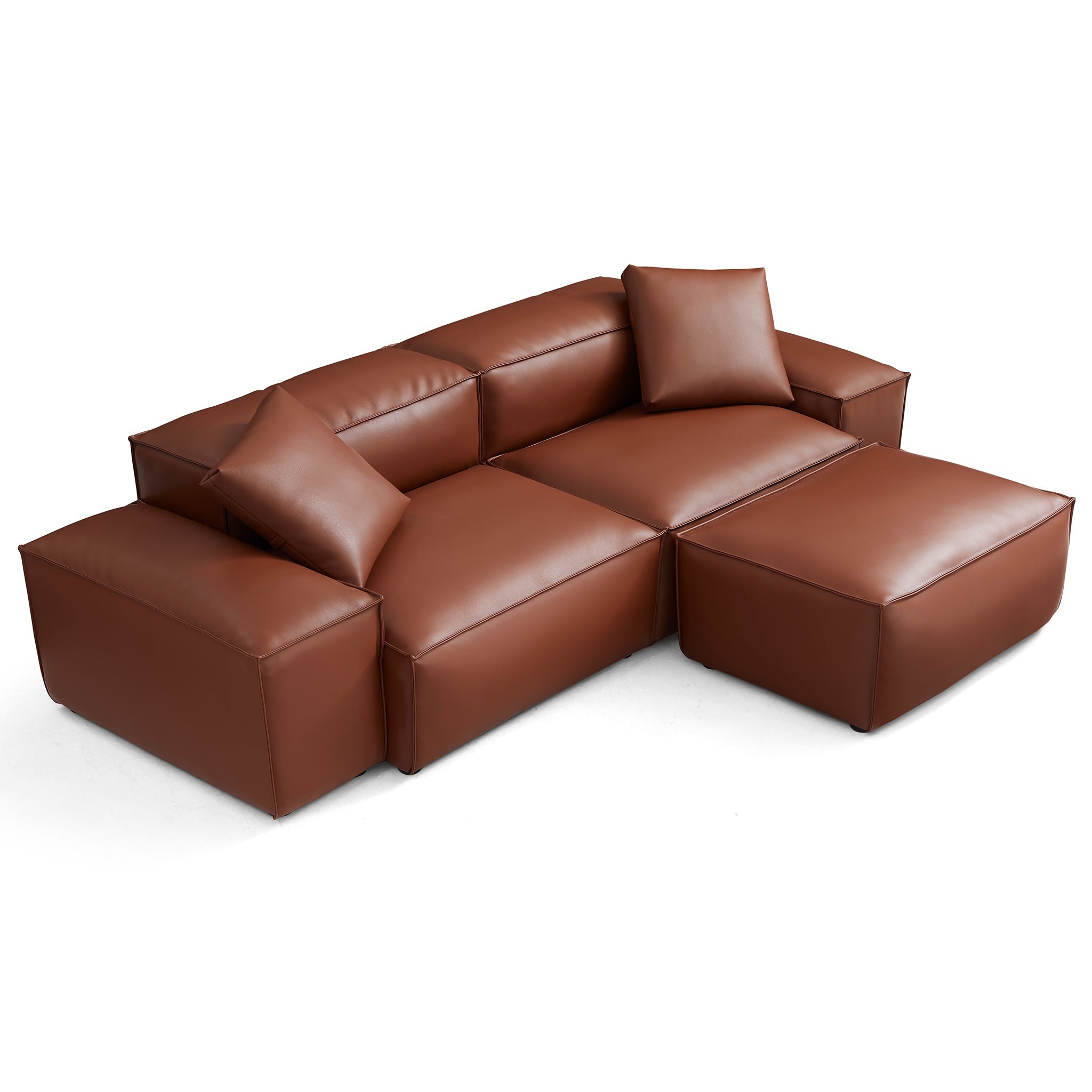 Cube Modular Brown Genuine Leather Sofa with Ottoman