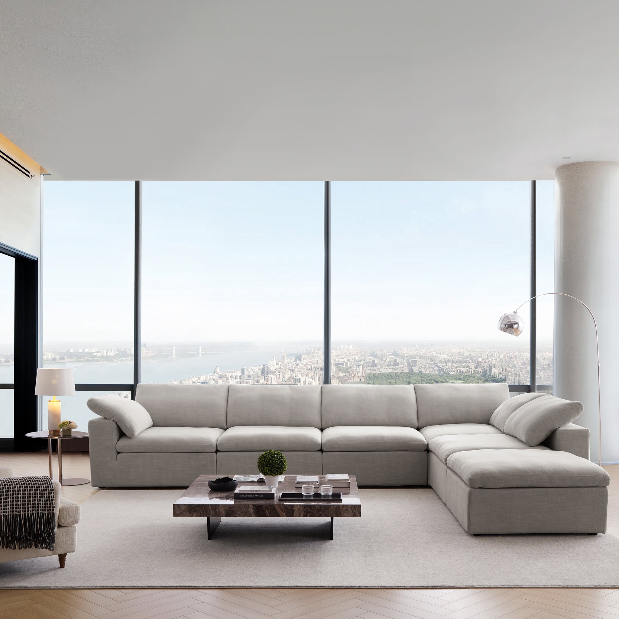 Tender Wabi-Sabi L-Shaped Beige Sectional and Ottoman