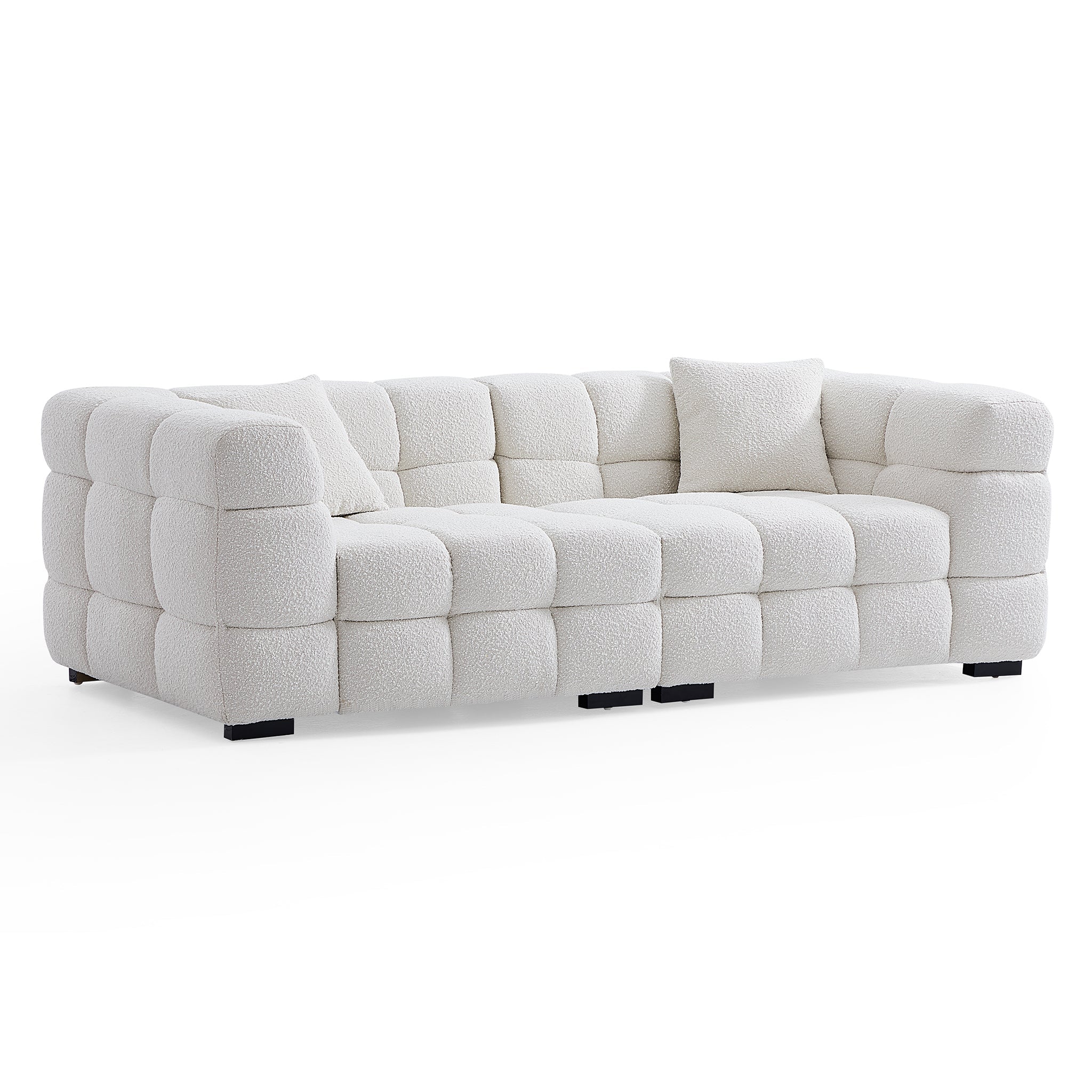 Cushy White Boucle Fabric Tufted Sofa Set