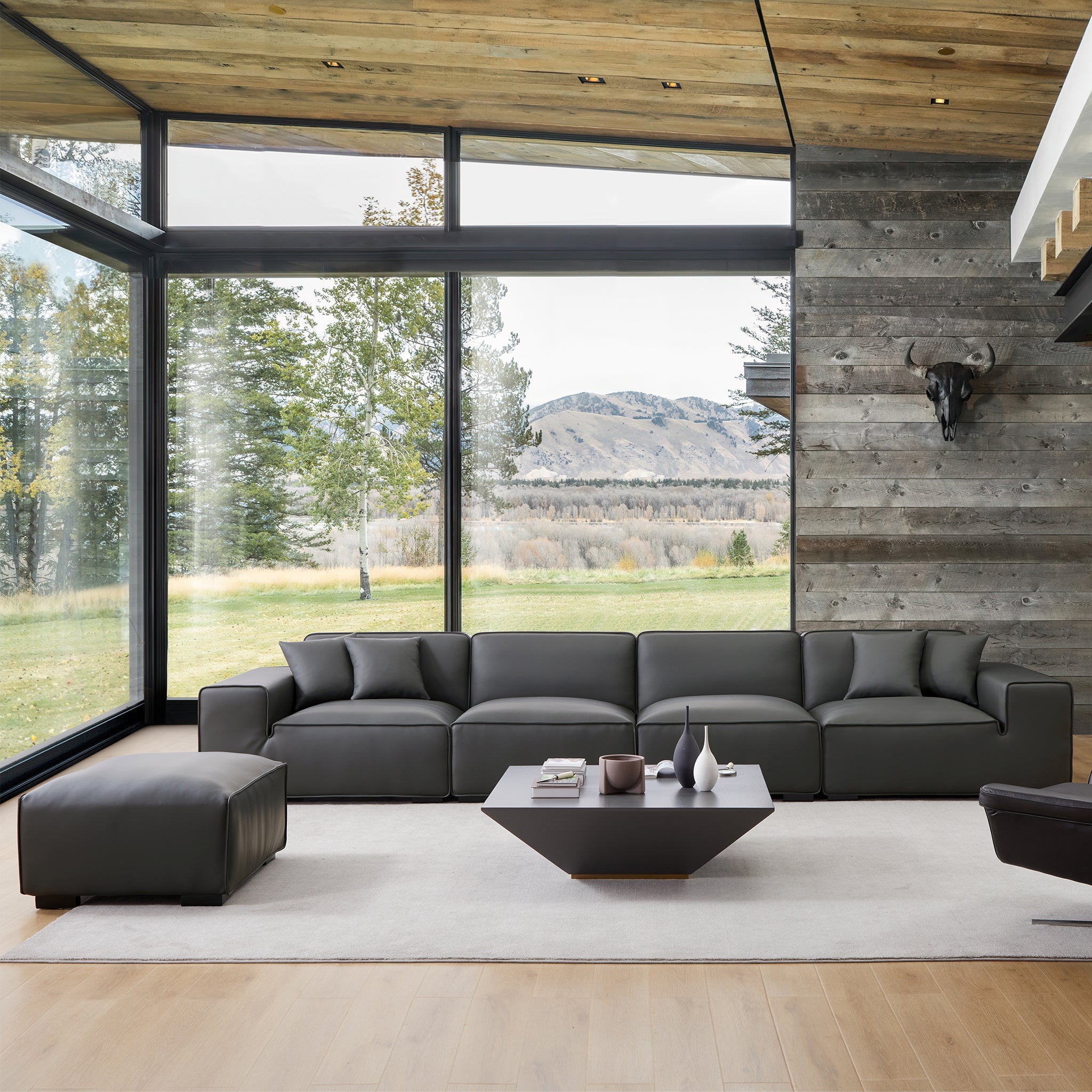 Domus Modular Dark Gray Leather Sofa and Ottoman