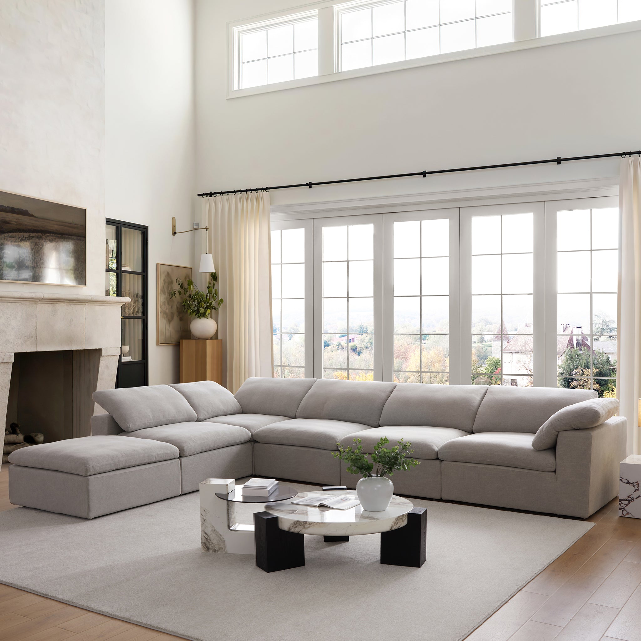Tender Wabi-Sabi White L-Shaped Sectional and Ottoman