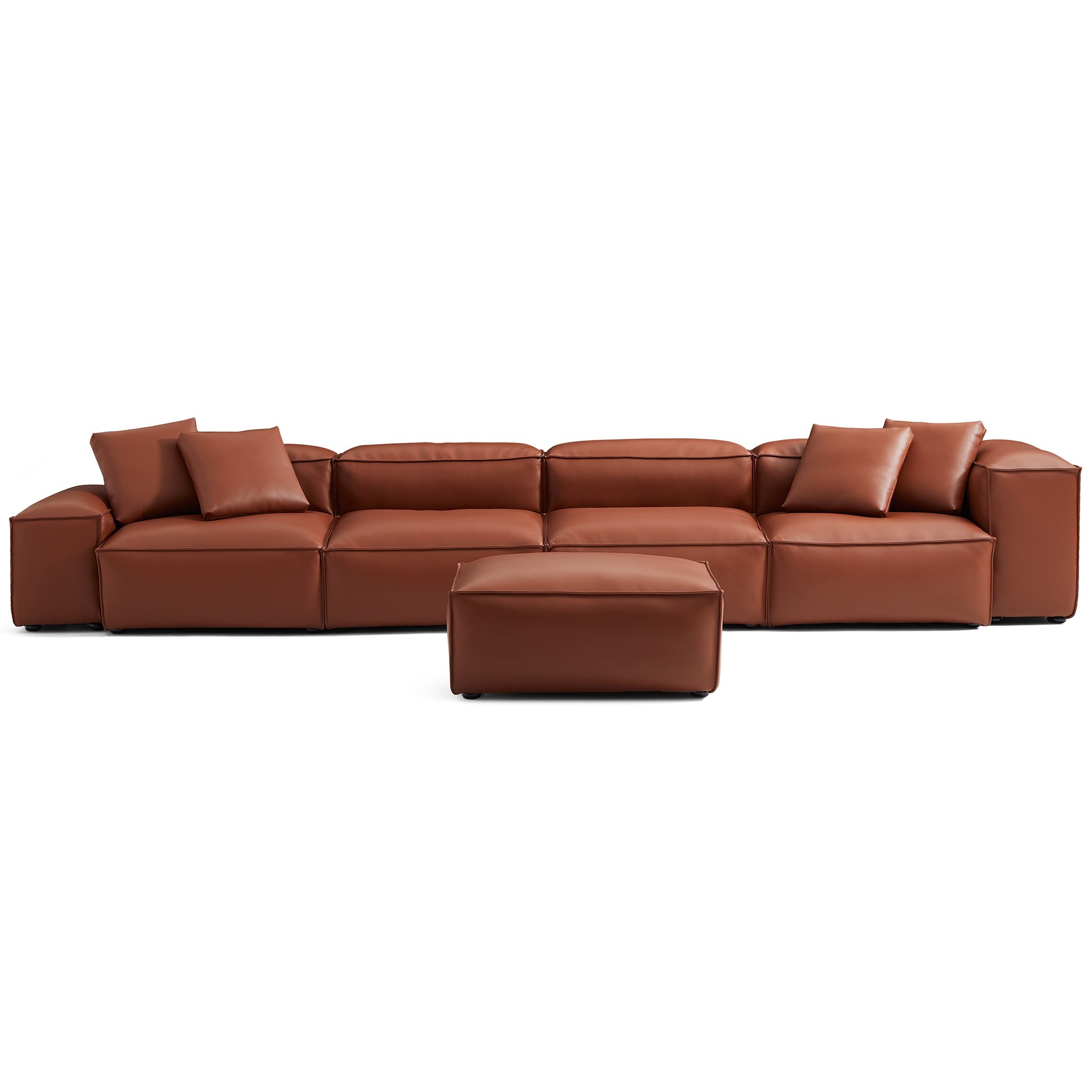 Cube Modular Brown Genuine Leather Sofa with Ottoman