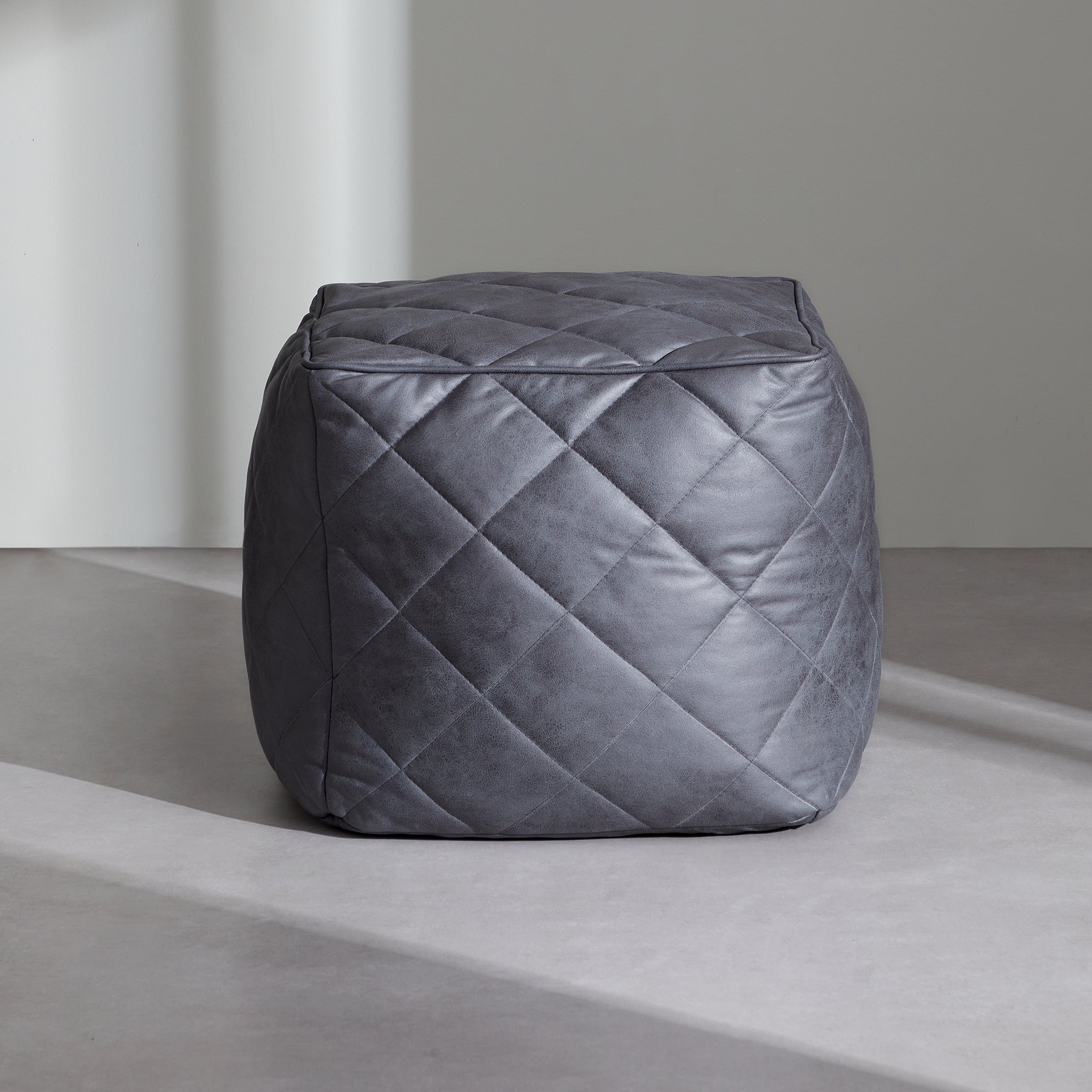 Waffle Dark Gray Leathaire Square Pouf