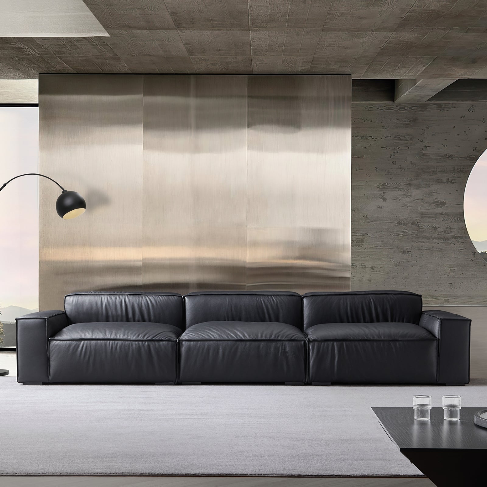 Canapé de luxe minimaliste en cuir noir