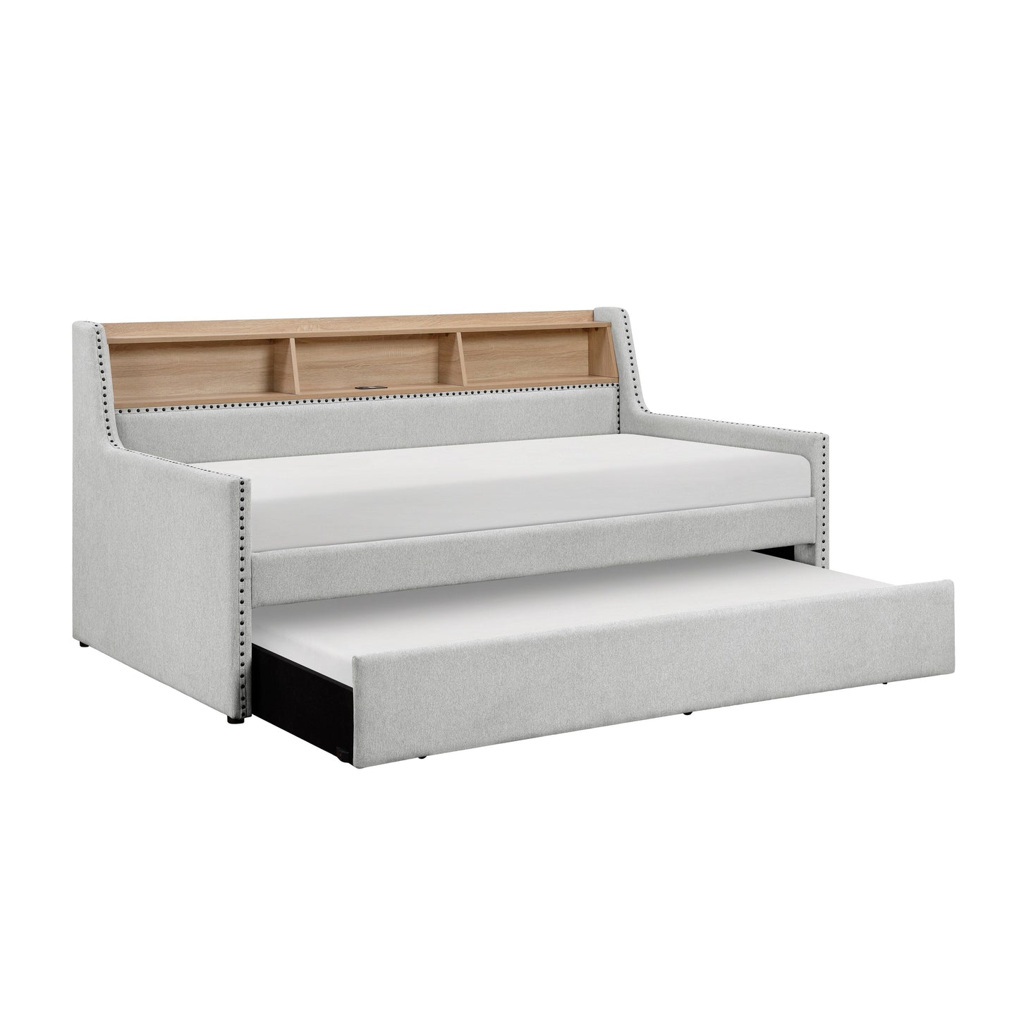 1 lit de repos gris clair avec lit gigogne coulissant, bibliothèque, panneau latéral, ports de charge, garniture cloutée, meubles de design moderne