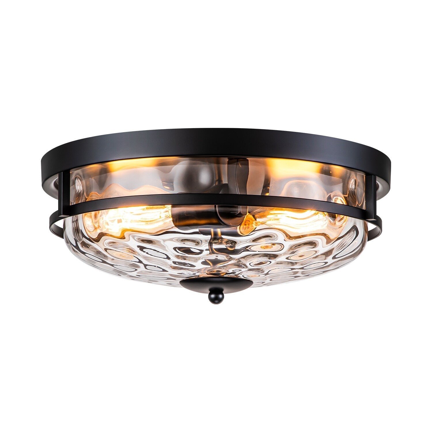 Plafonnier encastré moderne industriel à 2 lumières en verre ondulé transparent noir à dôme – 32,8 cm de largeur x 14 cm de hauteur
