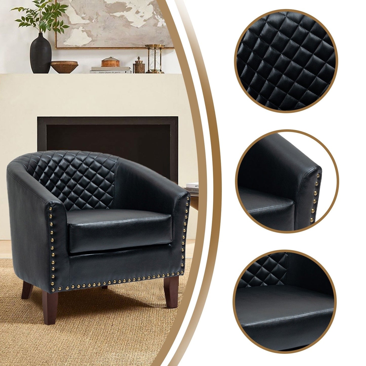 Lot de 2 chaises d'appoint tonneau en cuir vegan de 29 W avec garniture cloutée