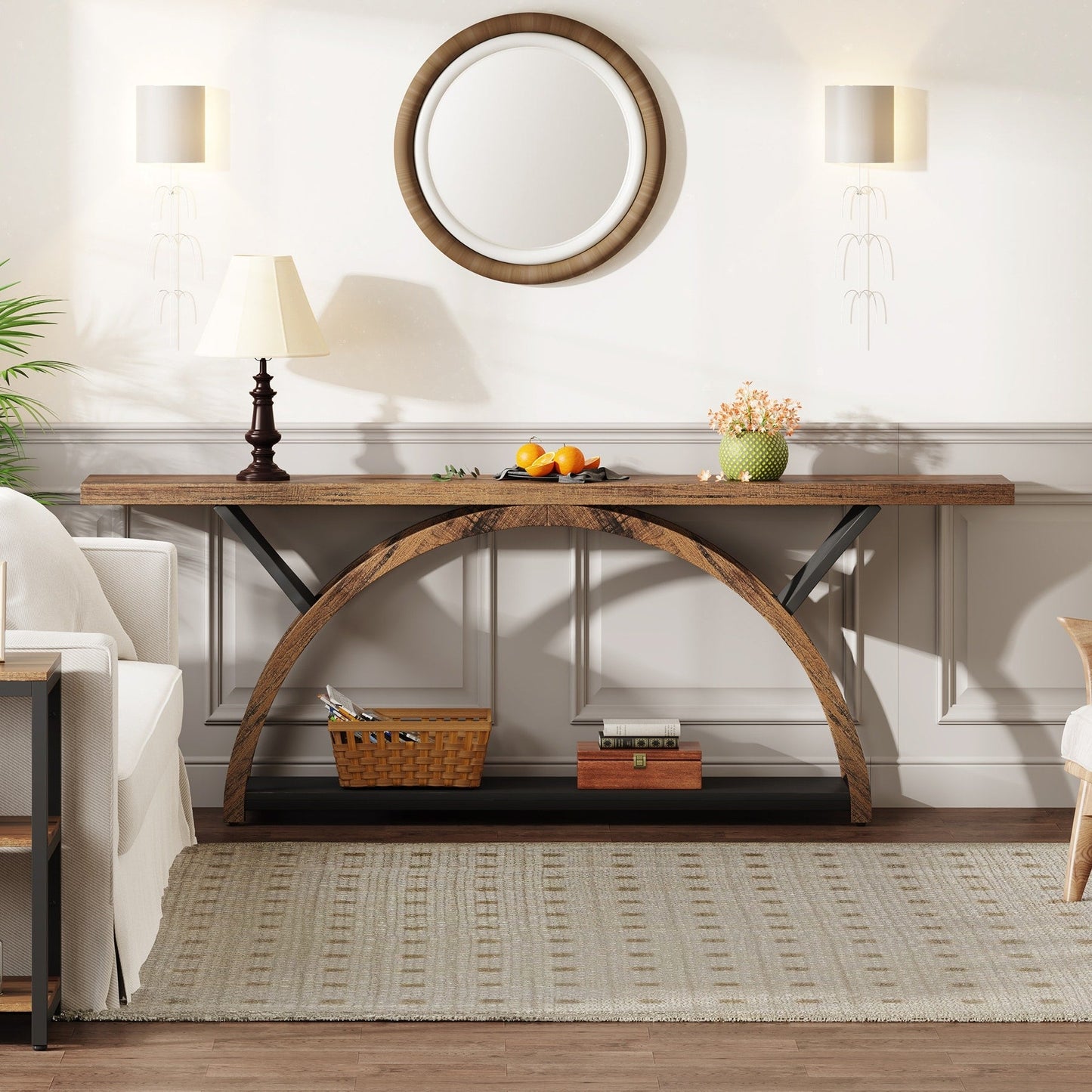 Table console étroite à deux niveaux avec cadre semi-circulaire pour entrée, tables d'appoint grises pour couloir