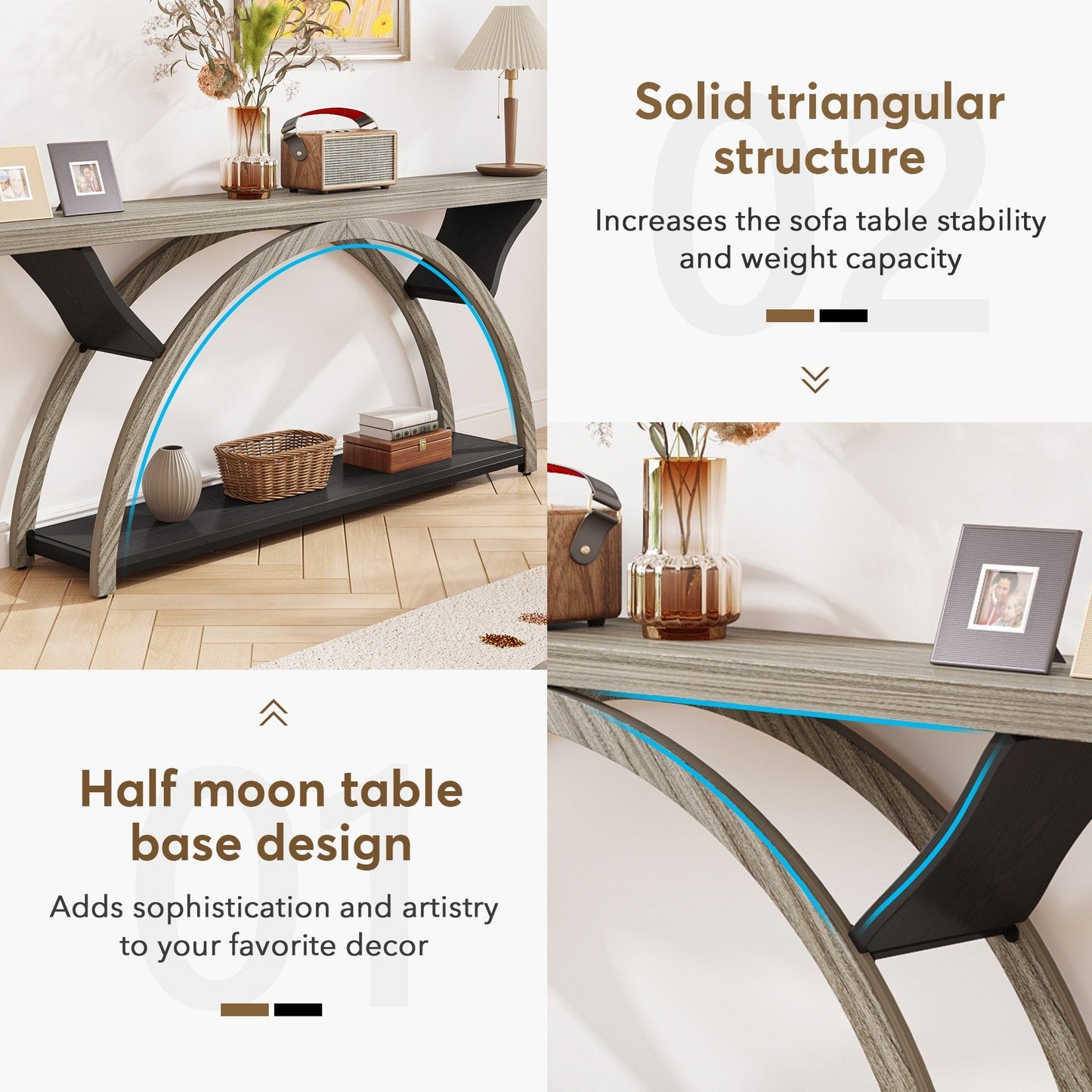 Table console étroite à deux niveaux avec cadre semi-circulaire pour entrée, tables d'appoint grises pour couloir
