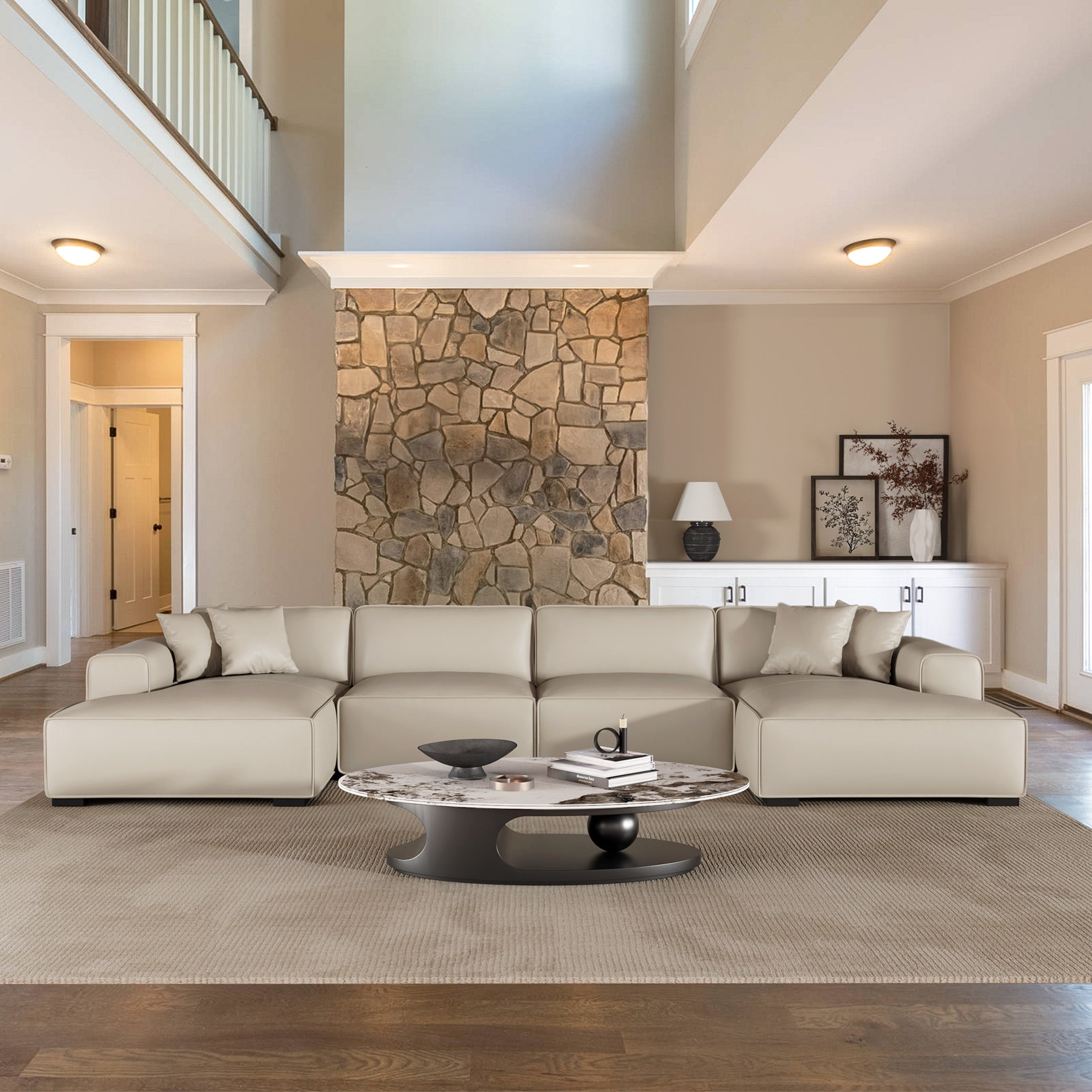 Domus Modular Beige Leather Double Chaise Sectional