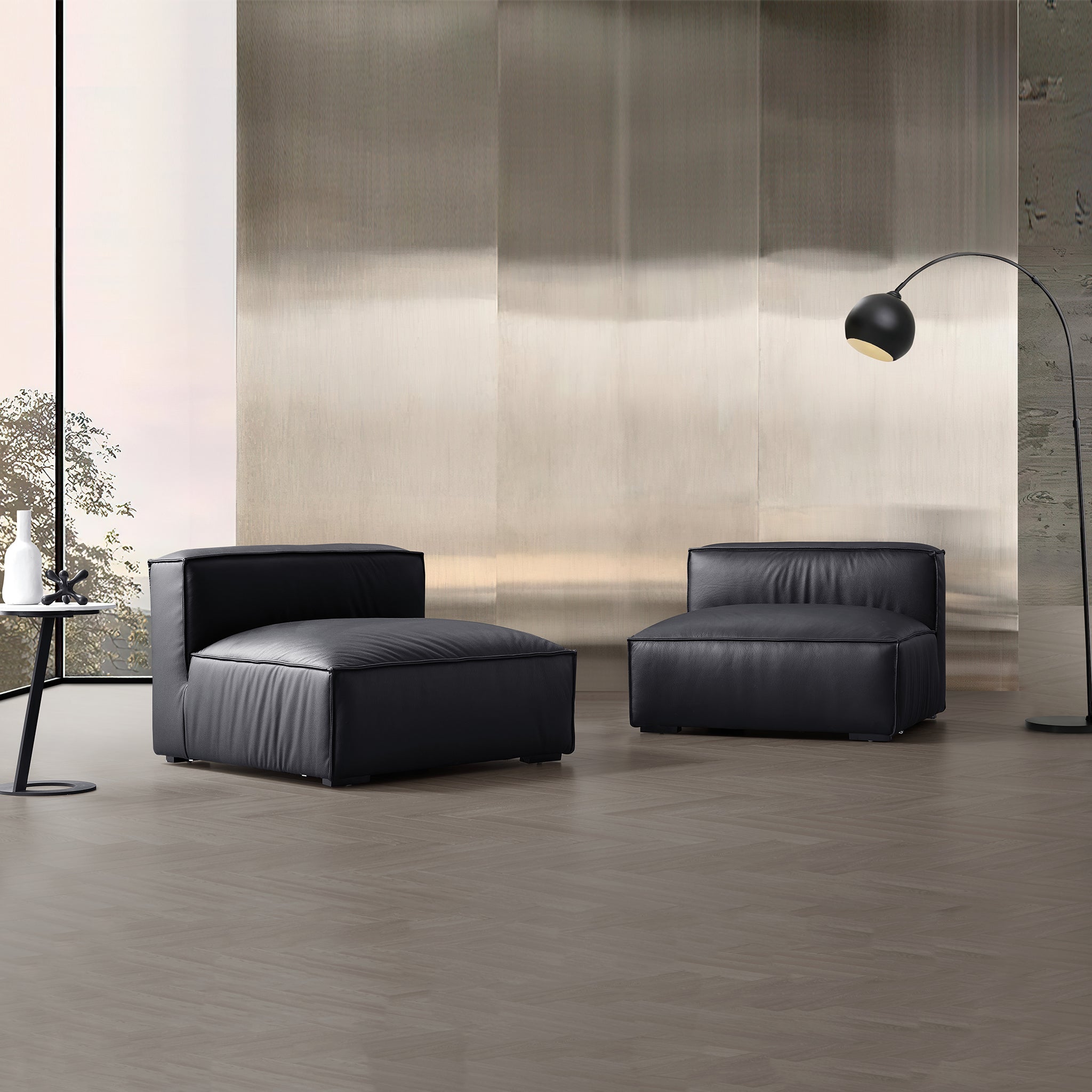Canapé sectionnel et ottoman minimaliste de luxe en cuir noir