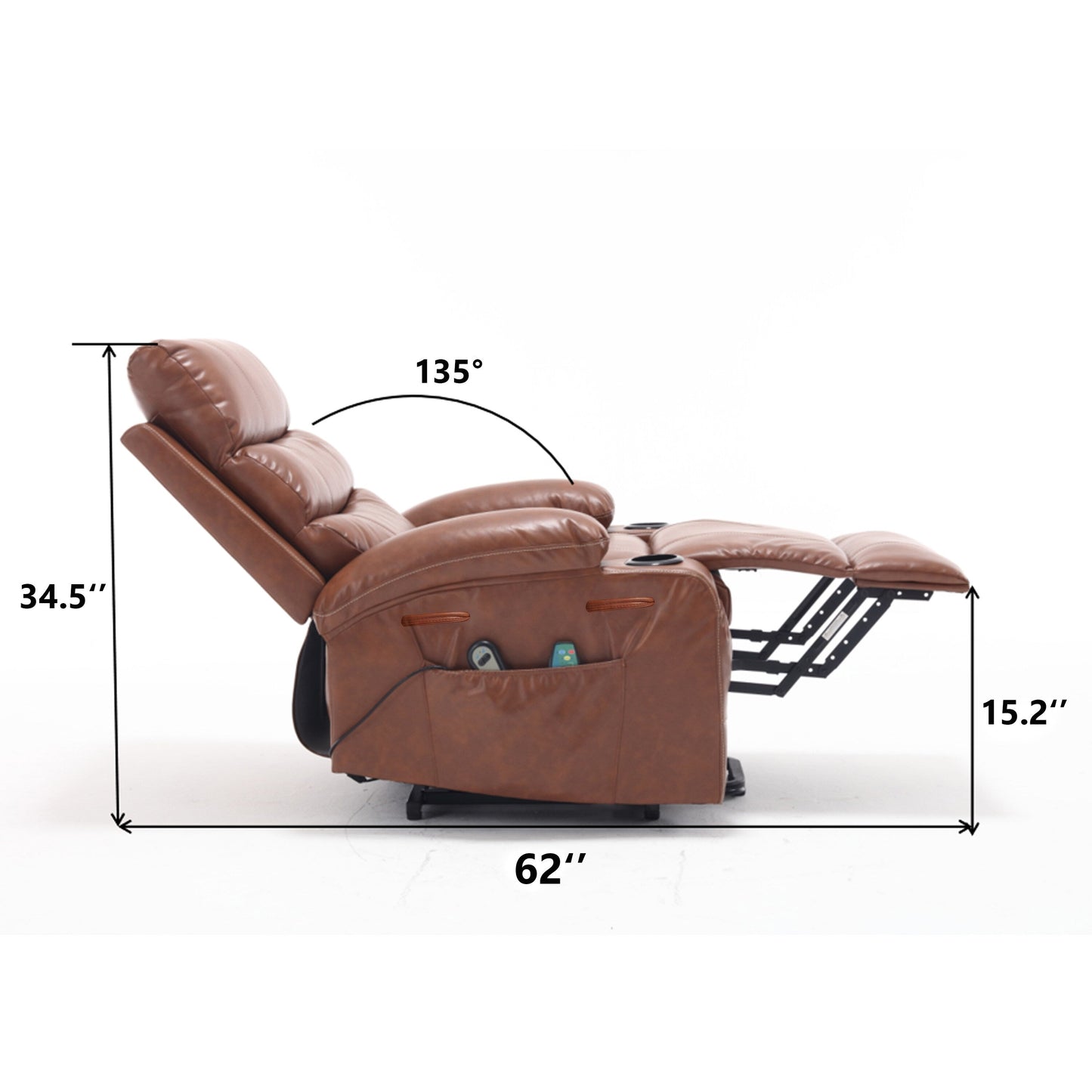 Fauteuil inclinable électrique de grande taille 21 W, massage par vibrations à 8 points et chauffage lombaire, télécommande, poches latérales, porte-gobelets