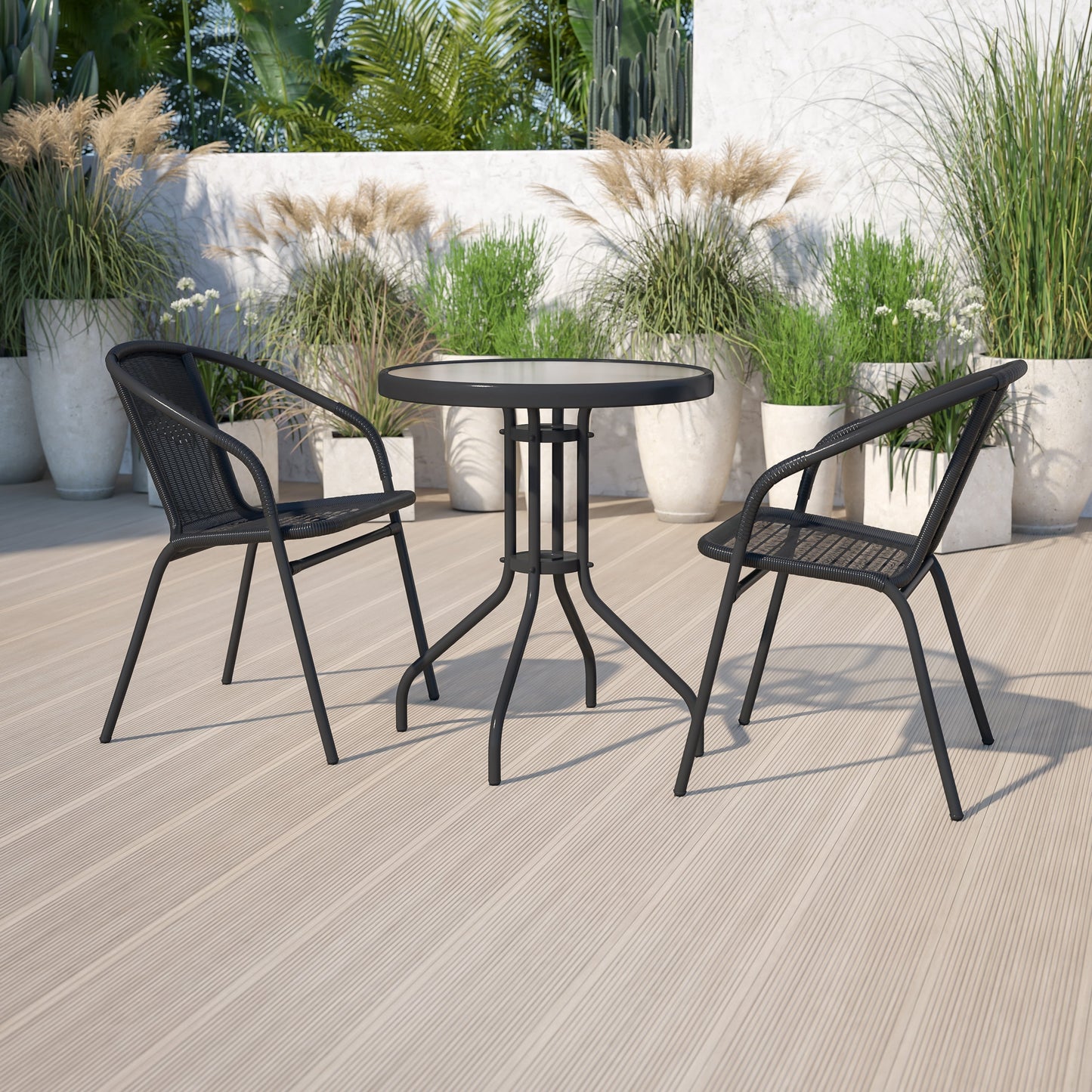 Ensemble de table de patio ronde en verre pour intérieur/extérieur avec base en X et 2 chaises – 23,75 L x 23,75 P x 28 H