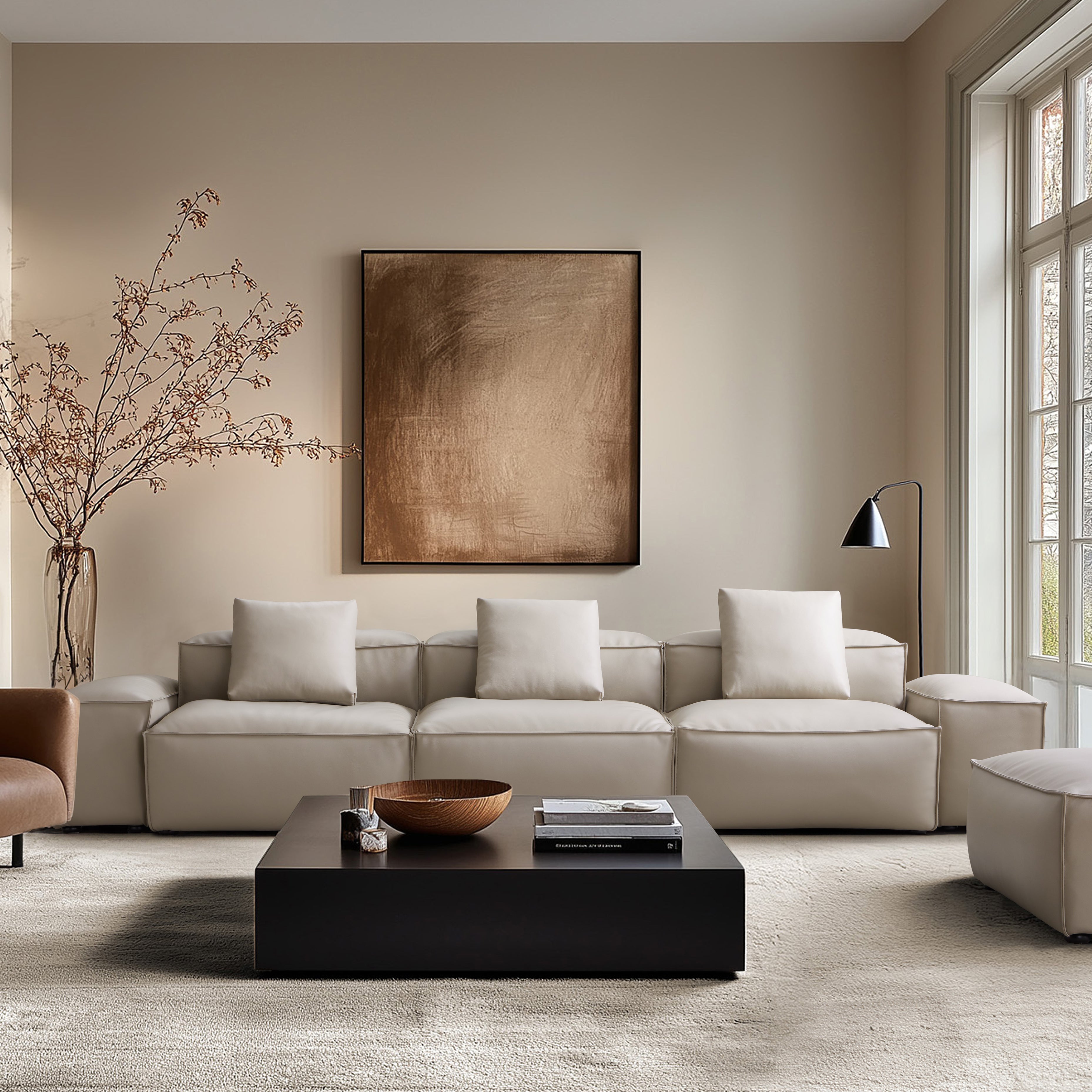 Cube Modular Beige Genuine Leather Sofa