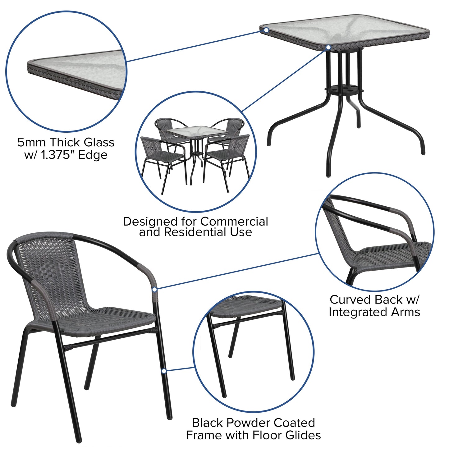 Ensemble de 5 tables carrées et chaises en rotin pour patio intérieur/extérieur - 28 L x 28 P x 28 H