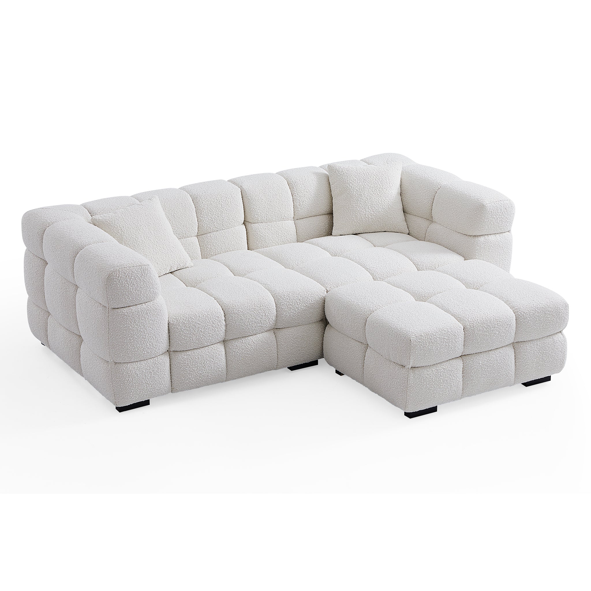Cushy White Boucle Fabric Tufted Sofa With Ottoman