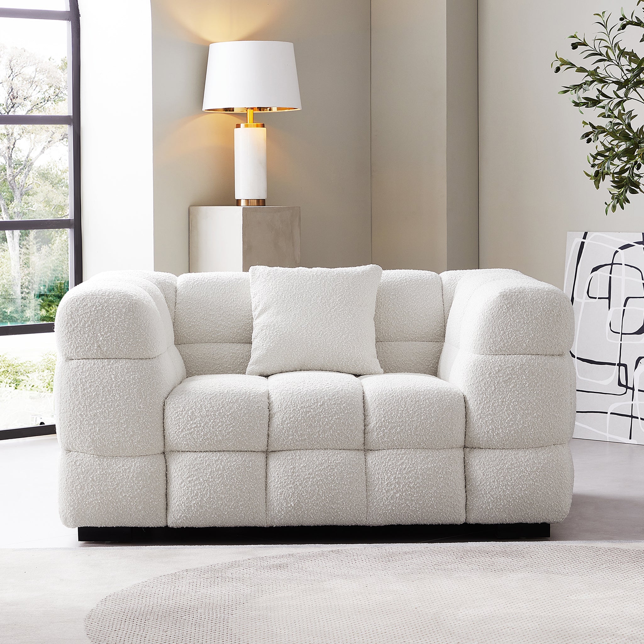 Cushy White Boucle Fabric Tufted Armchair
