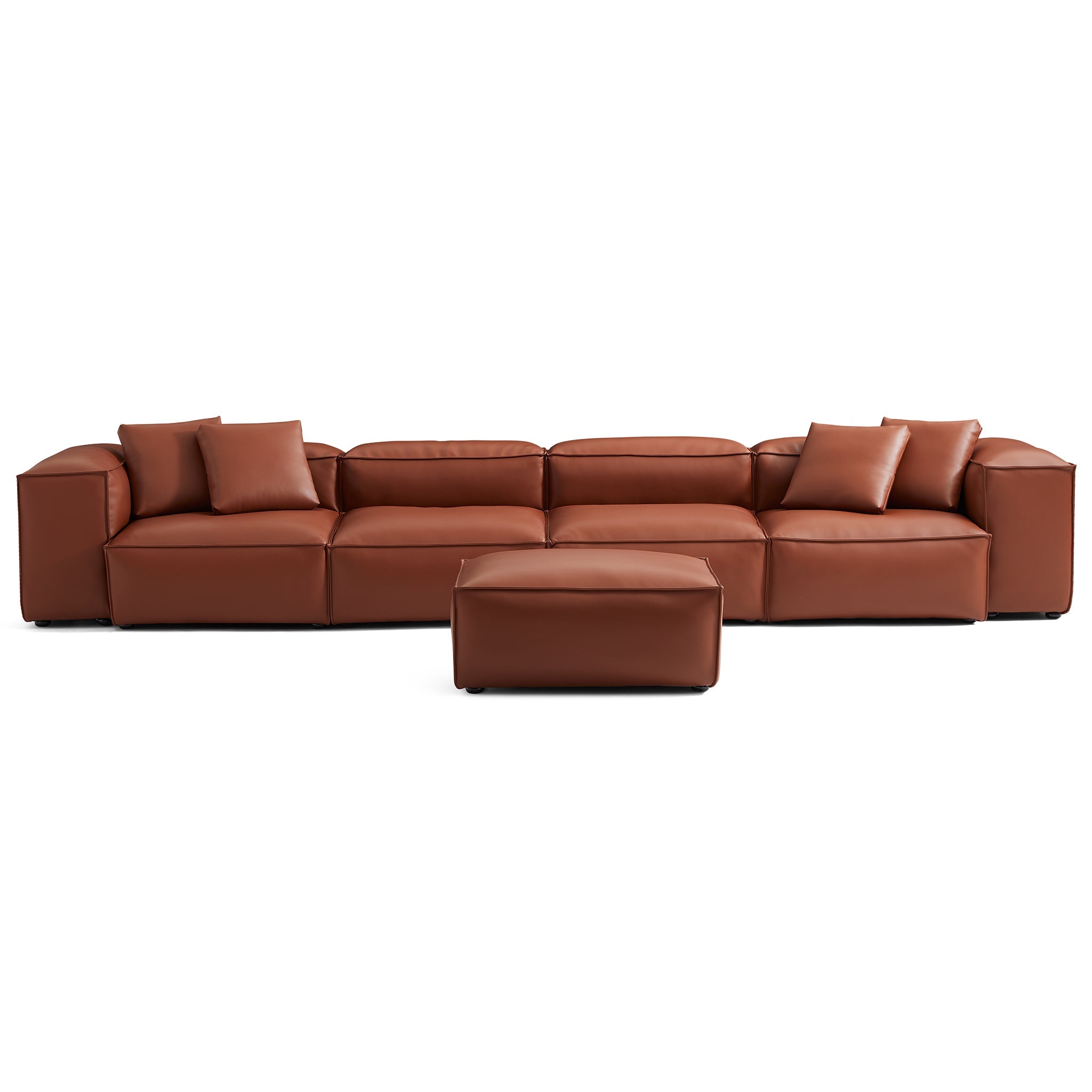 Cube Modular Brown Genuine Leather Sofa with Ottoman