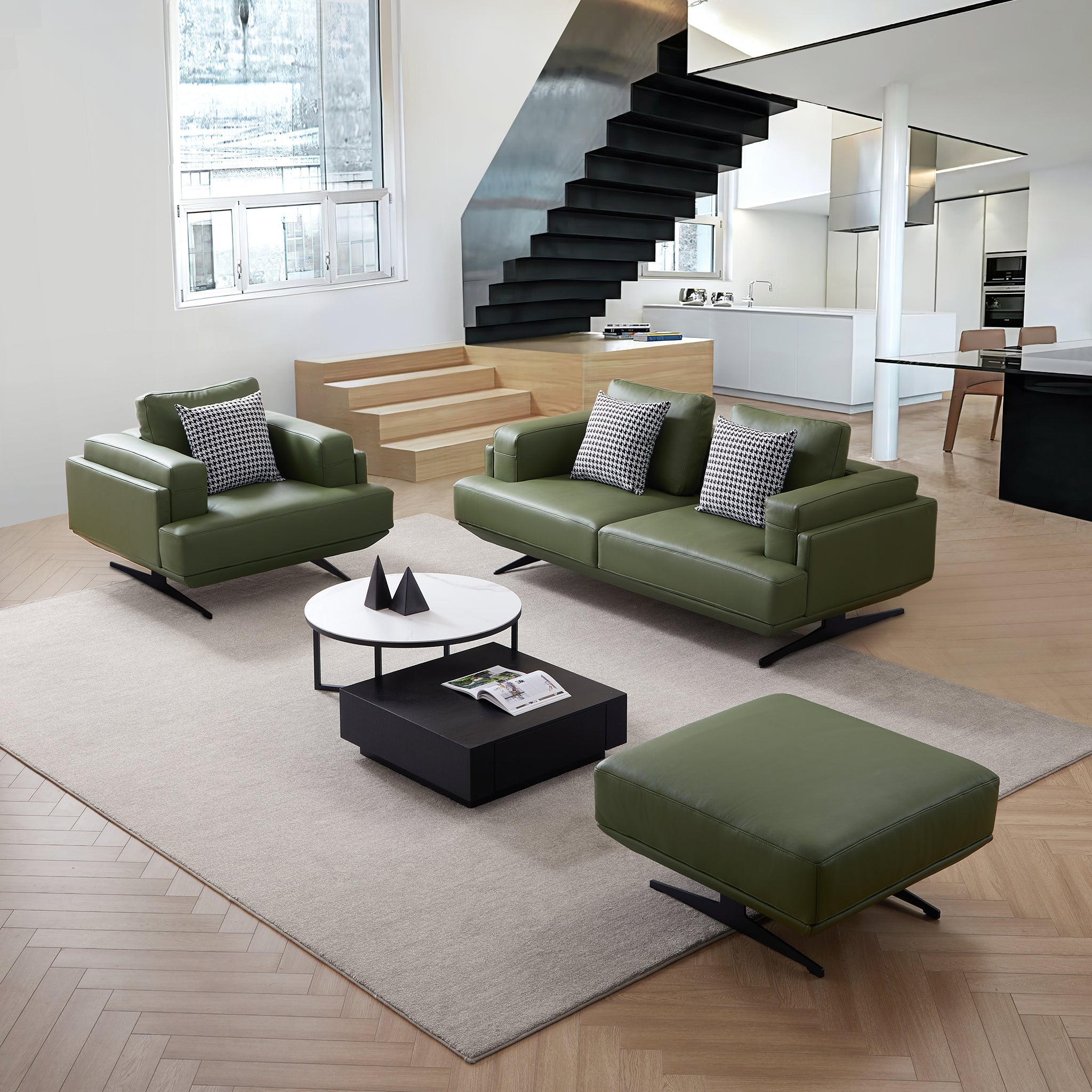 Olivia Green Top Grain Genuine Leather Sofa Set