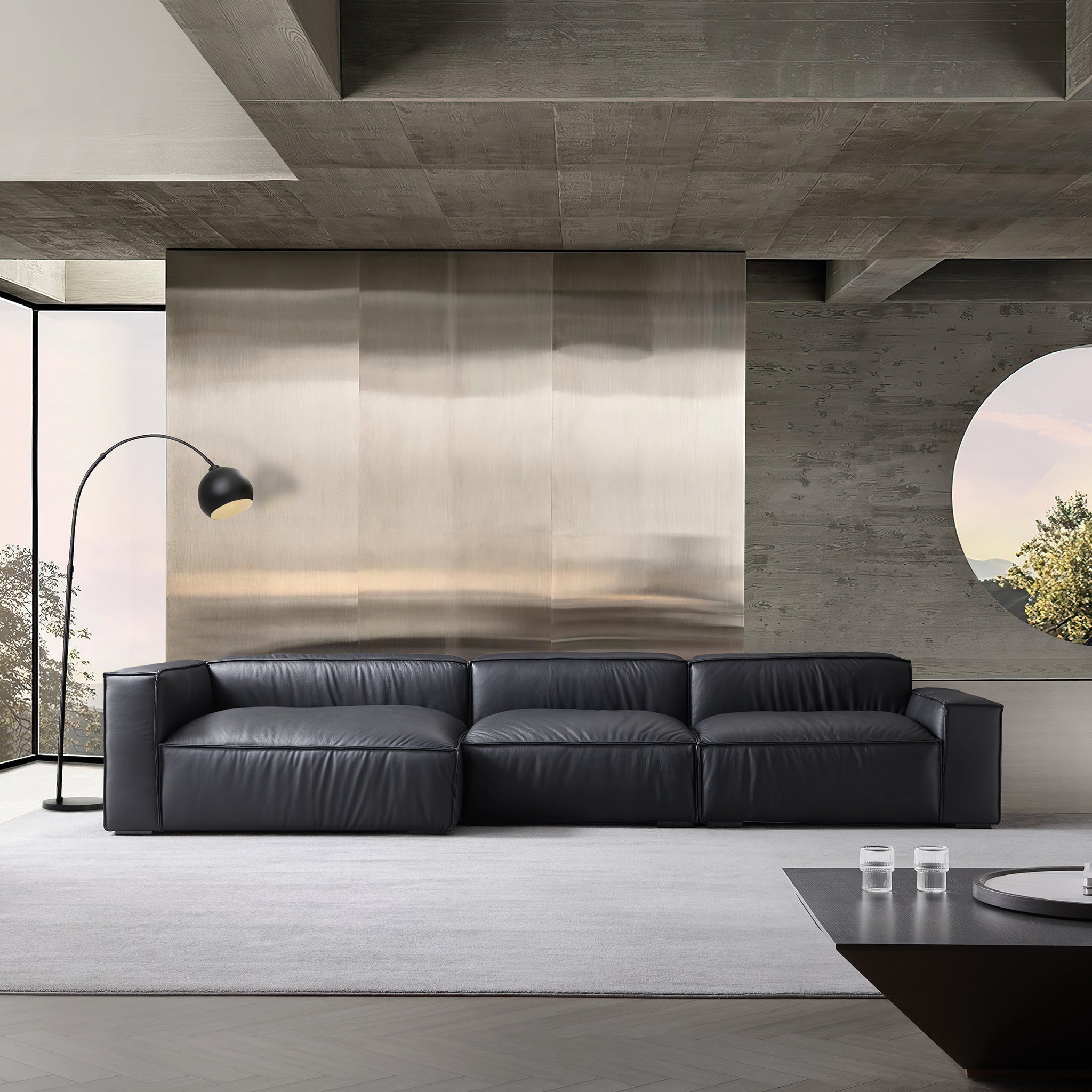 Canapé d'angle minimaliste de luxe en cuir noir