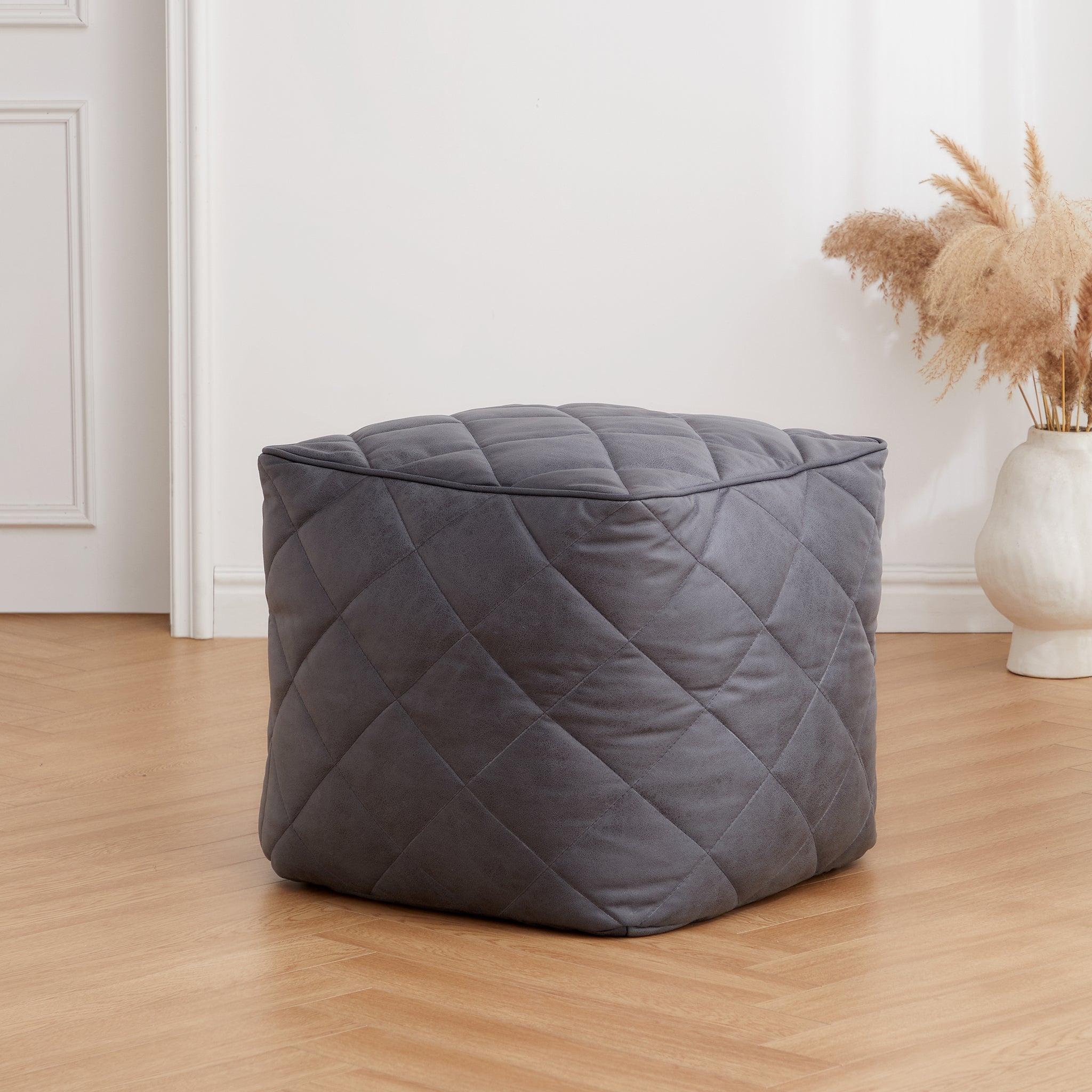 Waffle Dark Gray Leathaire Square Pouf