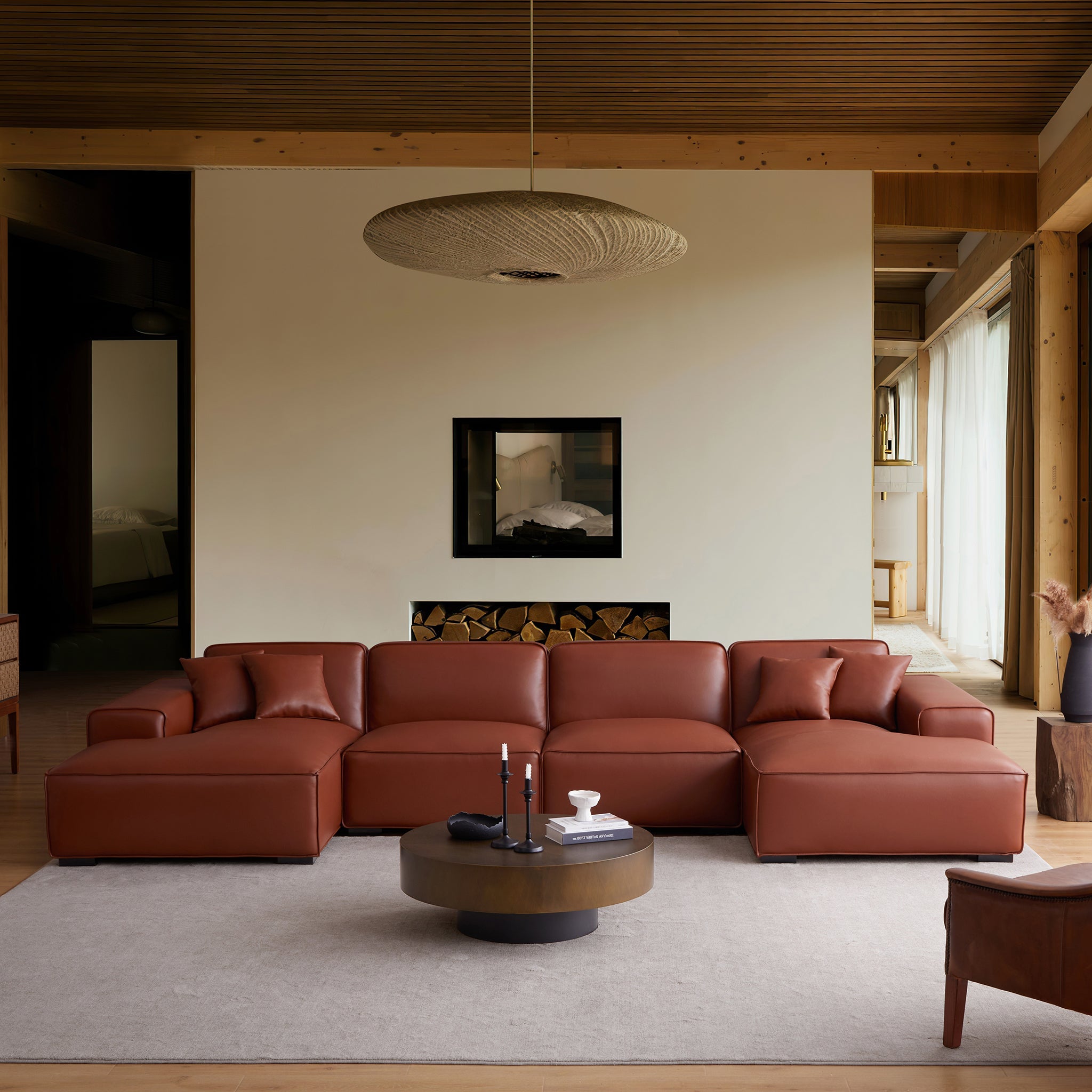 Domus Modular Brown Leather Double Chaise Sectional
