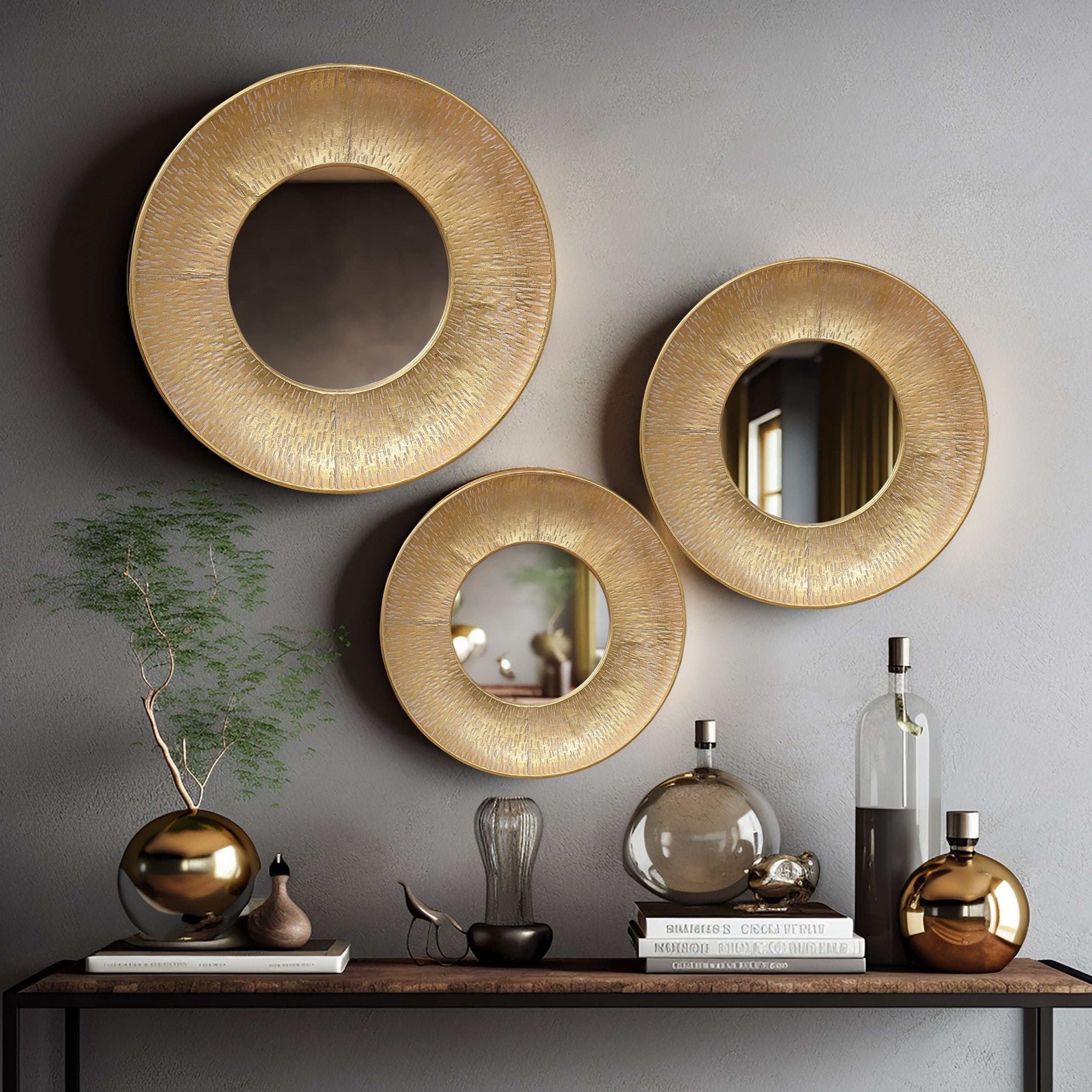 Ensemble de 3 miroirs muraux ronds en métal doré - 22,25 de diamètre x 2,36 de profondeur