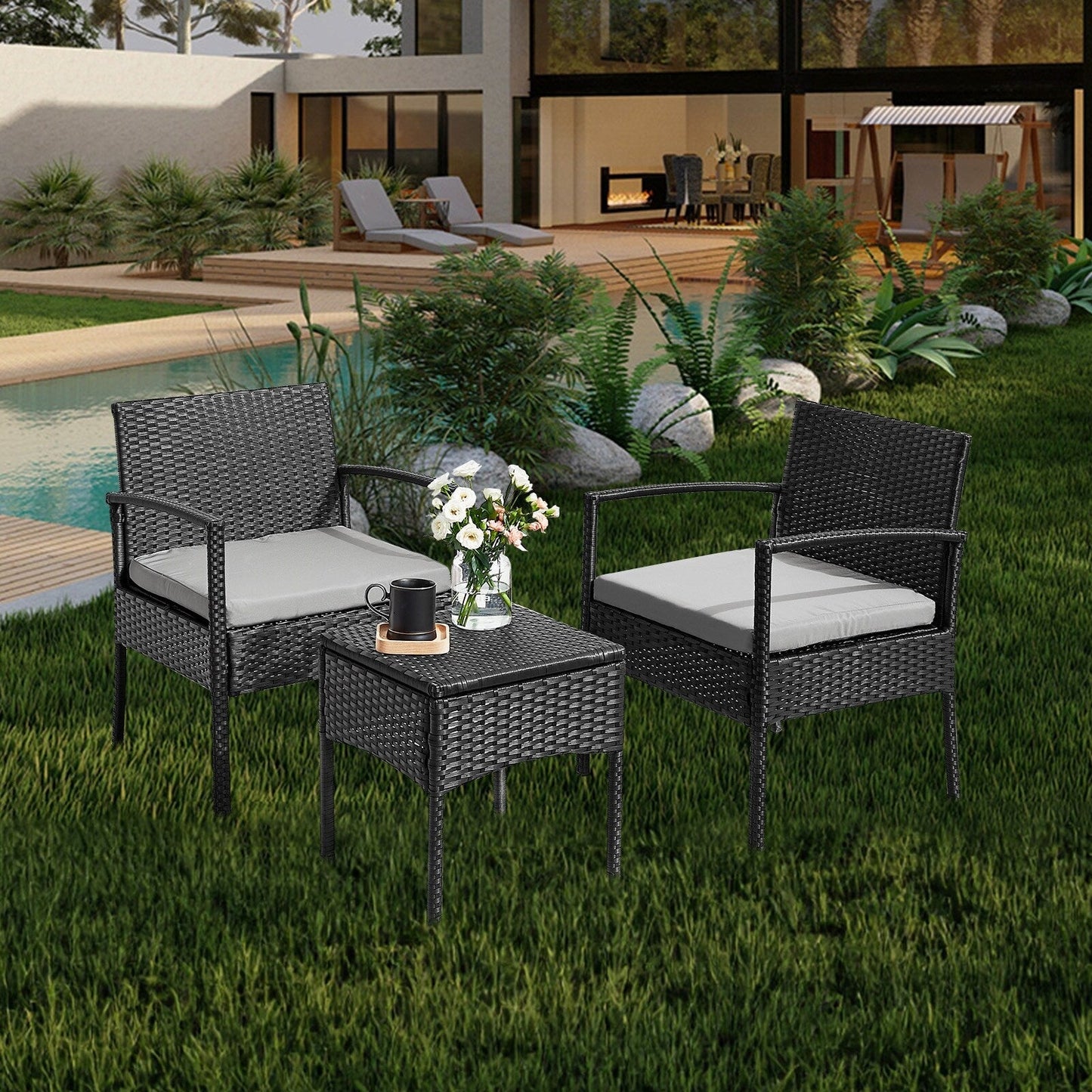 Ensemble de meubles de jardin 3 pièces, ensemble de chaises de conversation en rotin avec table d'appoint et coussins
