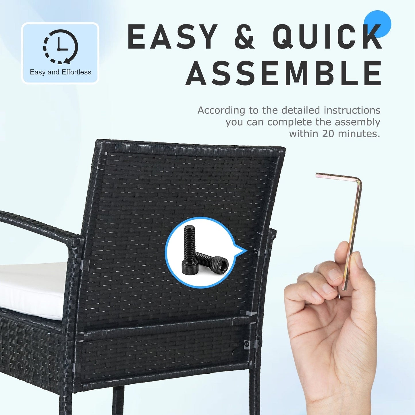 Ensemble de meubles de jardin 3 pièces, ensemble de chaises de conversation en rotin avec table d'appoint et coussins