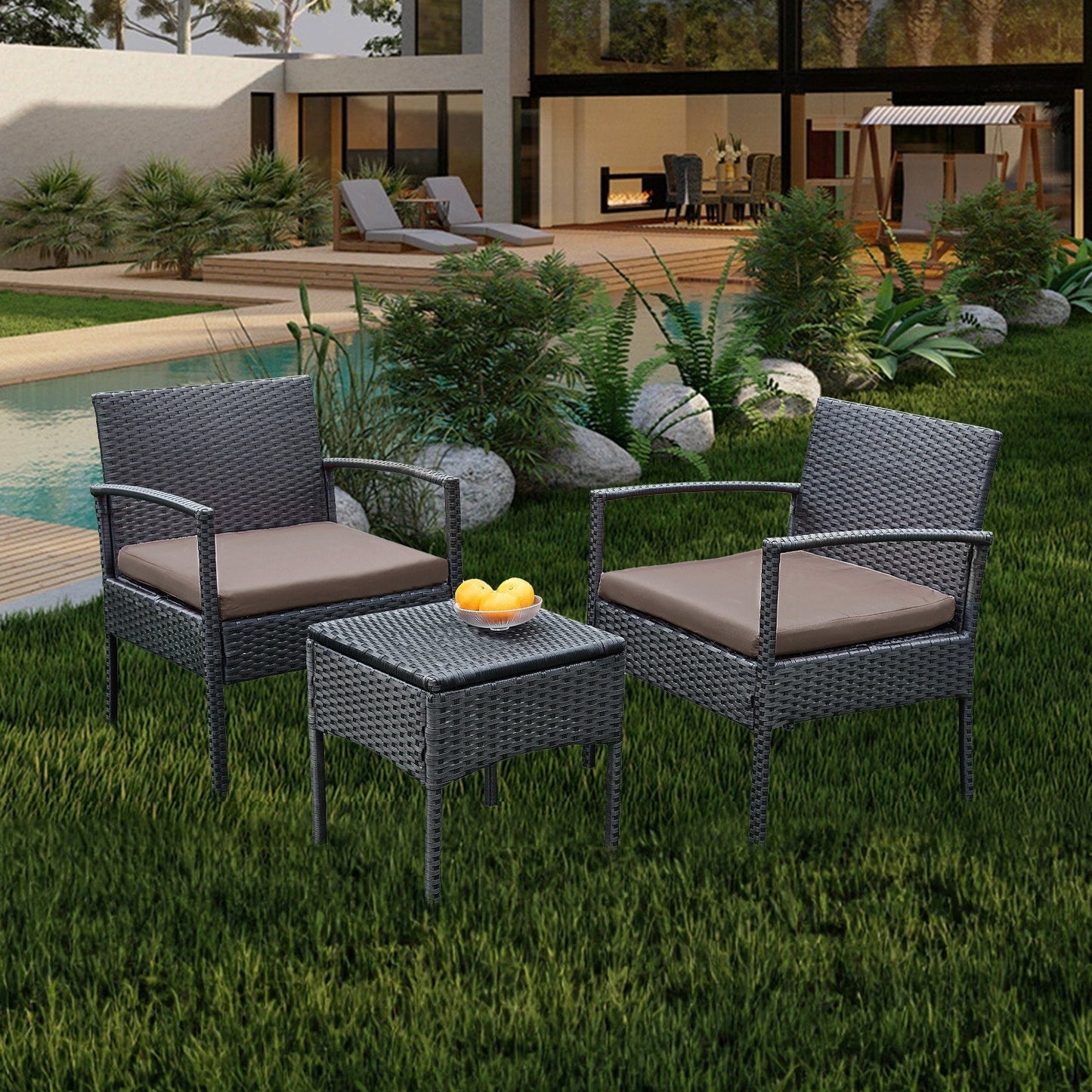 Ensemble de meubles de jardin 3 pièces, ensemble de chaises de conversation en rotin avec table d'appoint et coussins