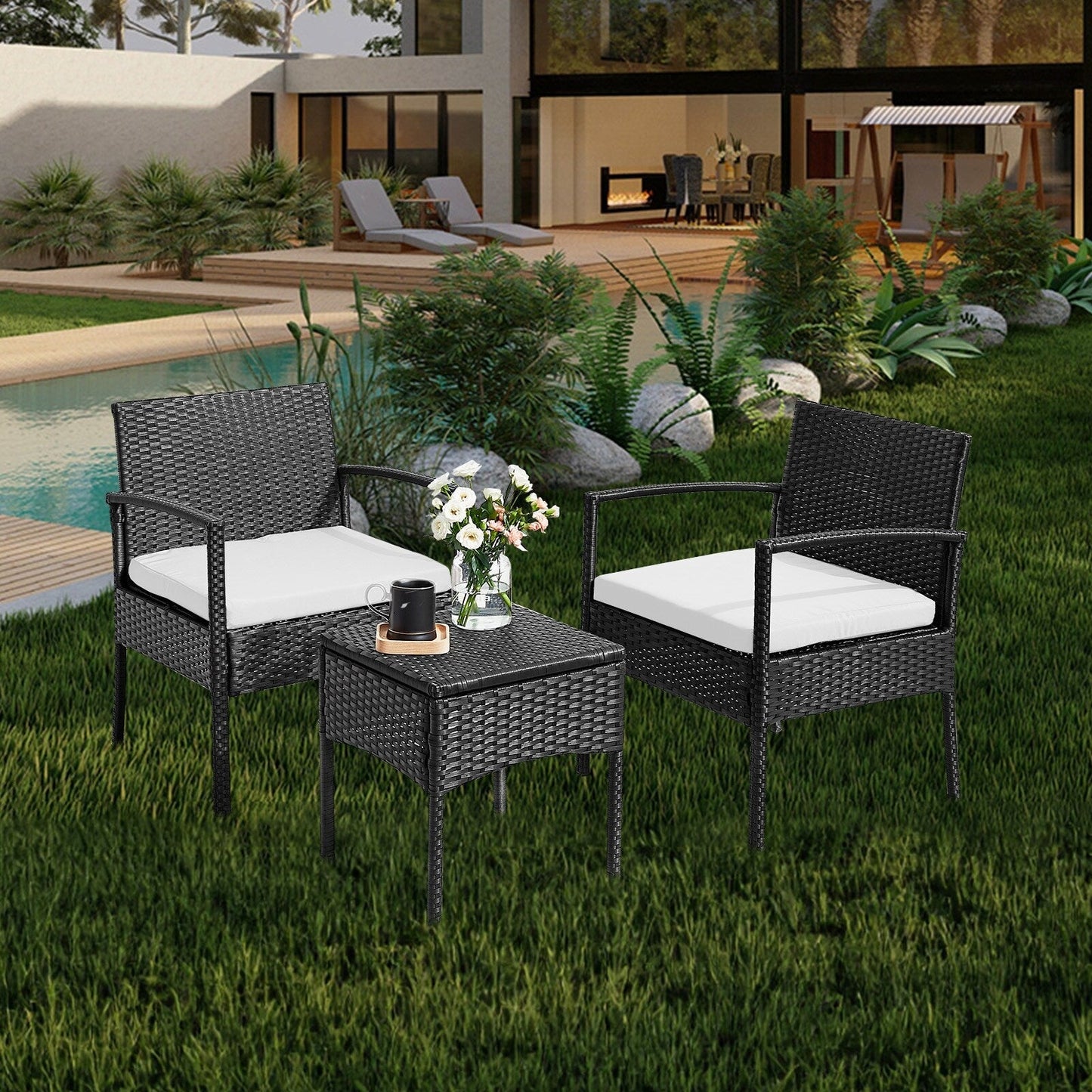 Ensemble de meubles de jardin 3 pièces, ensemble de chaises de conversation en rotin avec table d'appoint et coussins